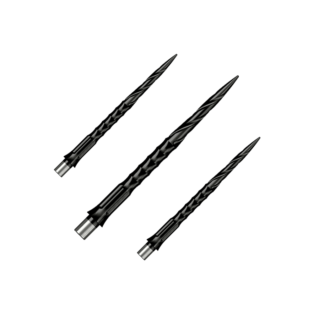 Caliburn System stalen dartpunten - Spiro - Geen lip - Zwart Gezeigt wird ein Set von Steeldartspitzen Caliburn Evo System Spiro NoLip Black, 36mm. Die Spitzen sind für Steeldarts geeignet und schwarz gefärbt.