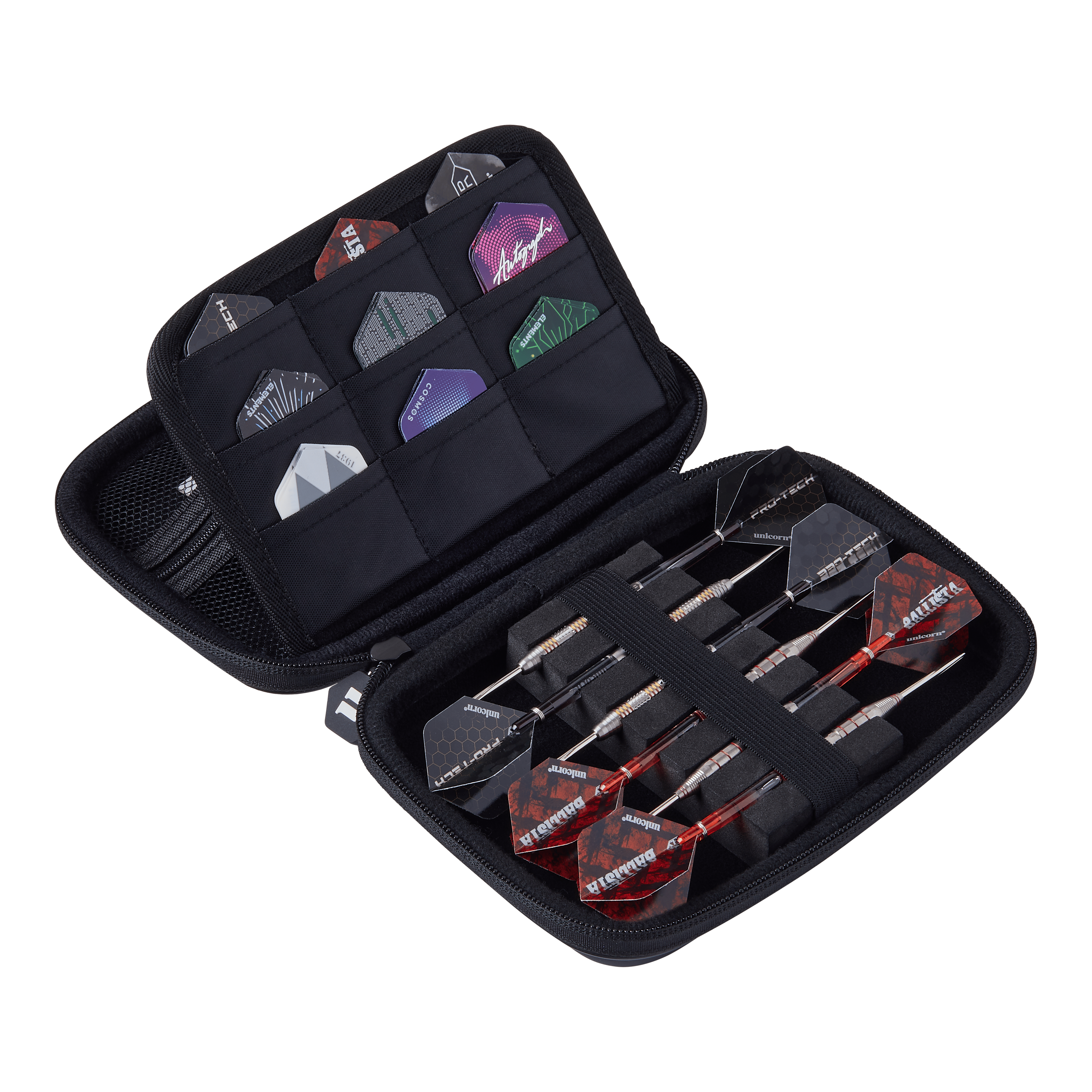 Unicorn Ultra Gary Anderson dart portemonnee Das Bild zeigt das Unicorn Ultra Gary Anderson Dartwallet, eine aufklappbare Tasche für Dartzubehör. In der Tasche sind mehrere Dartpfeile und Flights ordentlich verstaut.