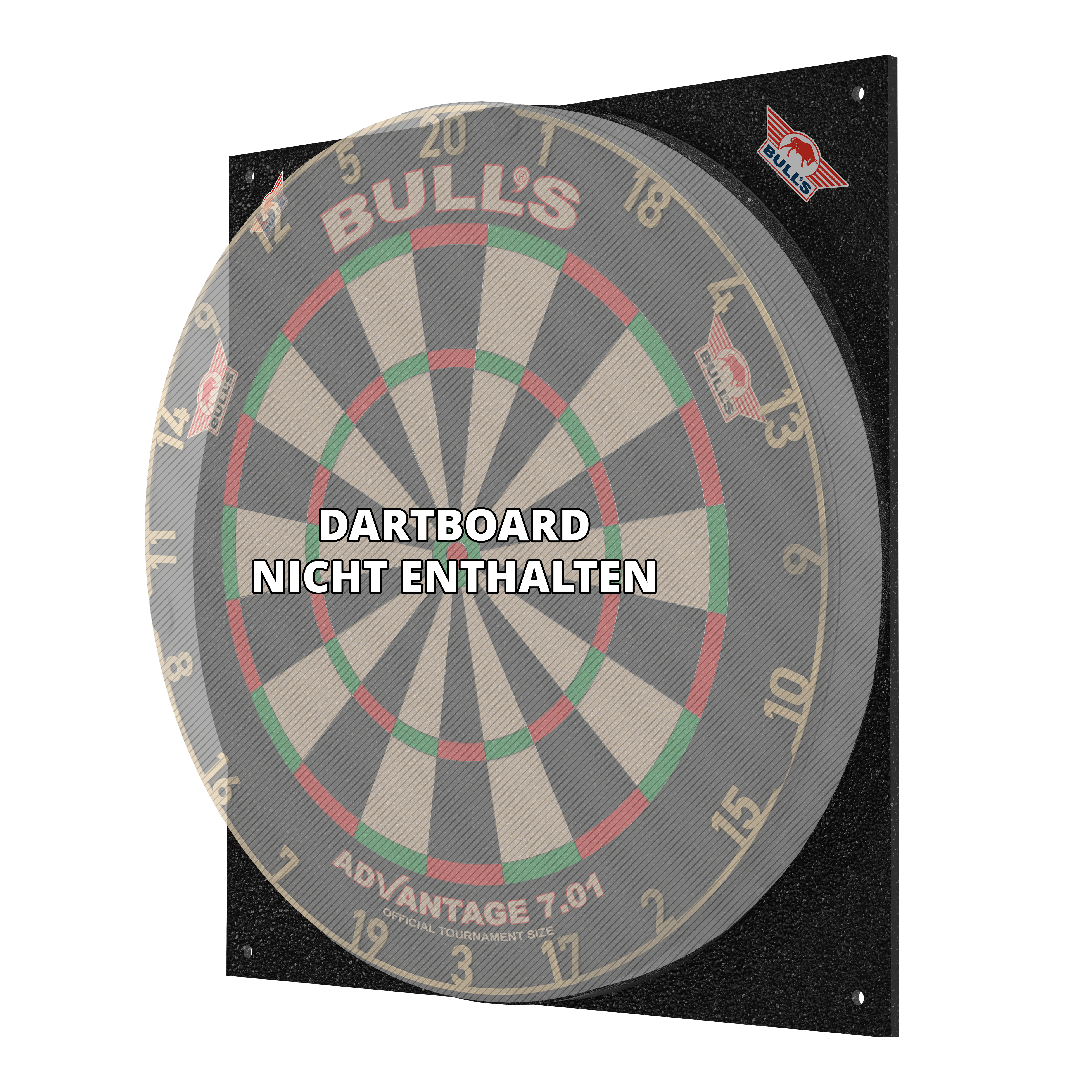 Bulls NL Dartbord Silencer Das Bild zeigt den Bulls NL Dartboard Silencer, ein schallreduzierendes Board für Dartspiele. Auf dem Bild steht, dass das Dartboard nicht enthalten ist.