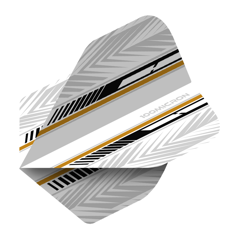 Pentathlon Flights wit/zwart/goud Das Bild zeigt ein Dartflight mit einem modernen Design in Weiß, Schwarz und Gold. Die Oberfläche ist mit geometrischen Mustern und Streifen verziert.