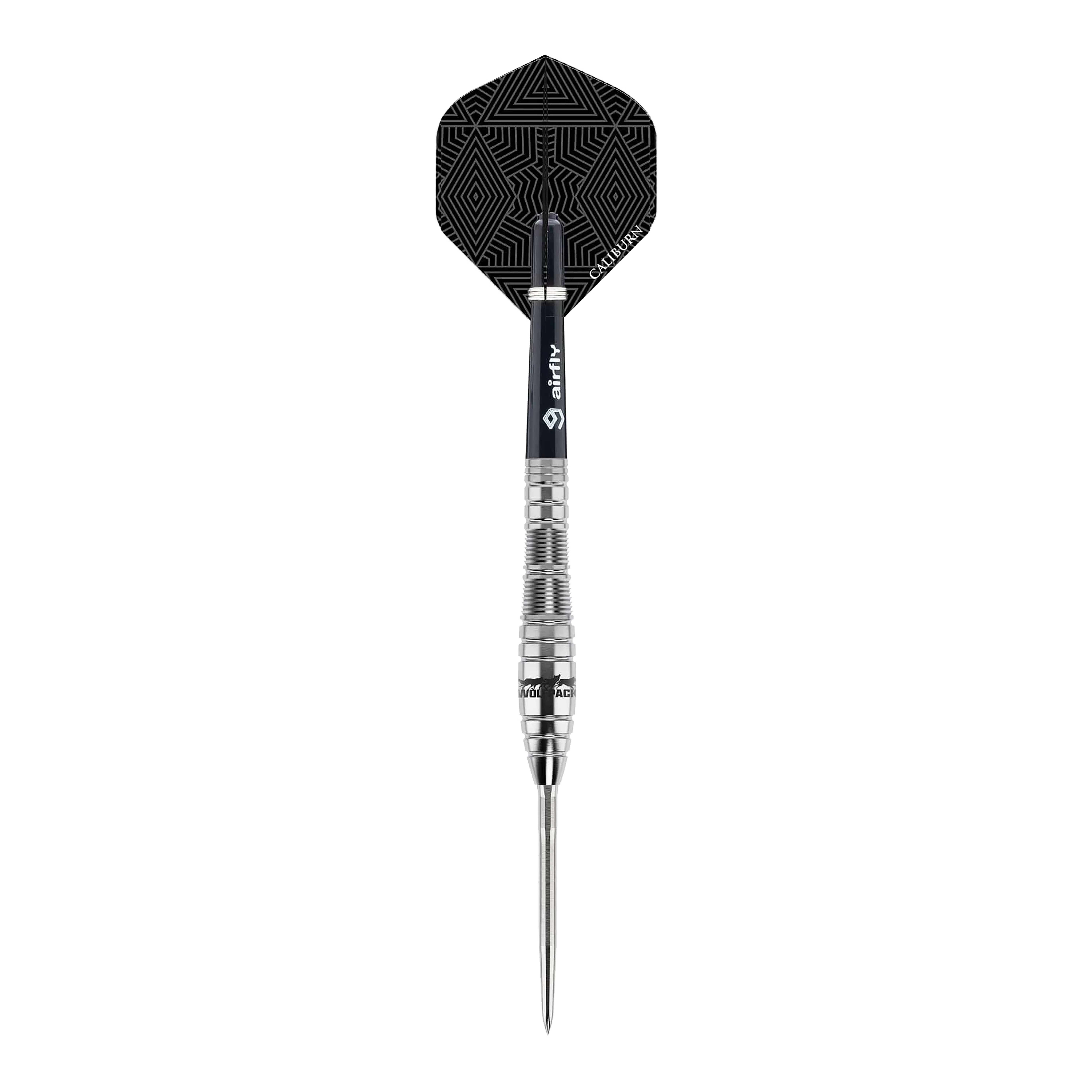 Caliburn Wolfpack W2 Steeldarts - 22g Dies ist ein Steeldart des Produkts "Caliburn Wolfpack W2" mit einem Gewicht von 22g. Der Dart hat ein silbernes Barrel und einen schwarzen Flight mit geometrischem Muster.