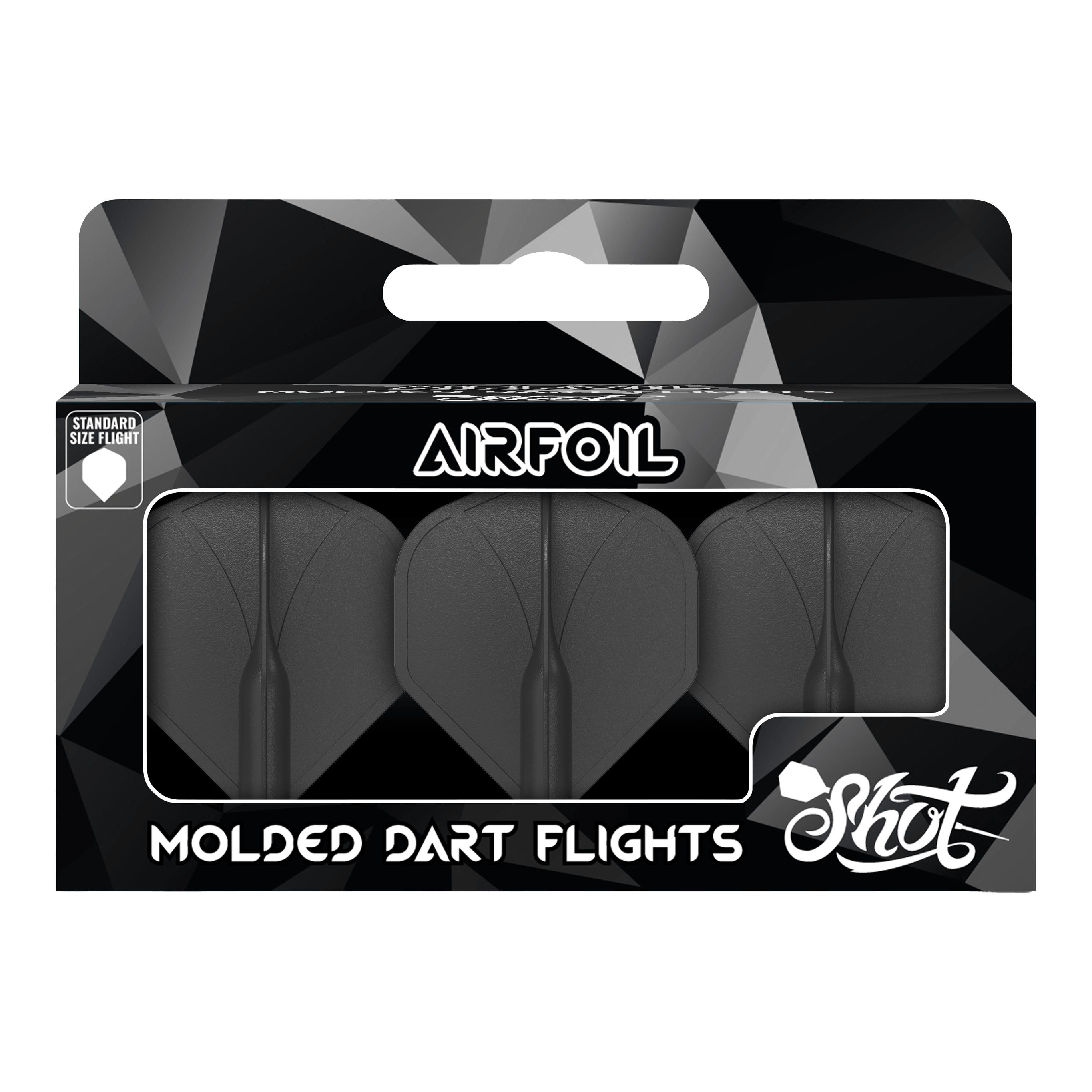 Shot Airfoil Molded No2 Standaard Vluchten Auf dem Bild ist eine Packung mit drei schwarzen, geformten Dartflights zu sehen. Die Verpackung trägt die Aufschrift „Airfoil“ und „Molded Dart Flights“ der Marke Shot.
