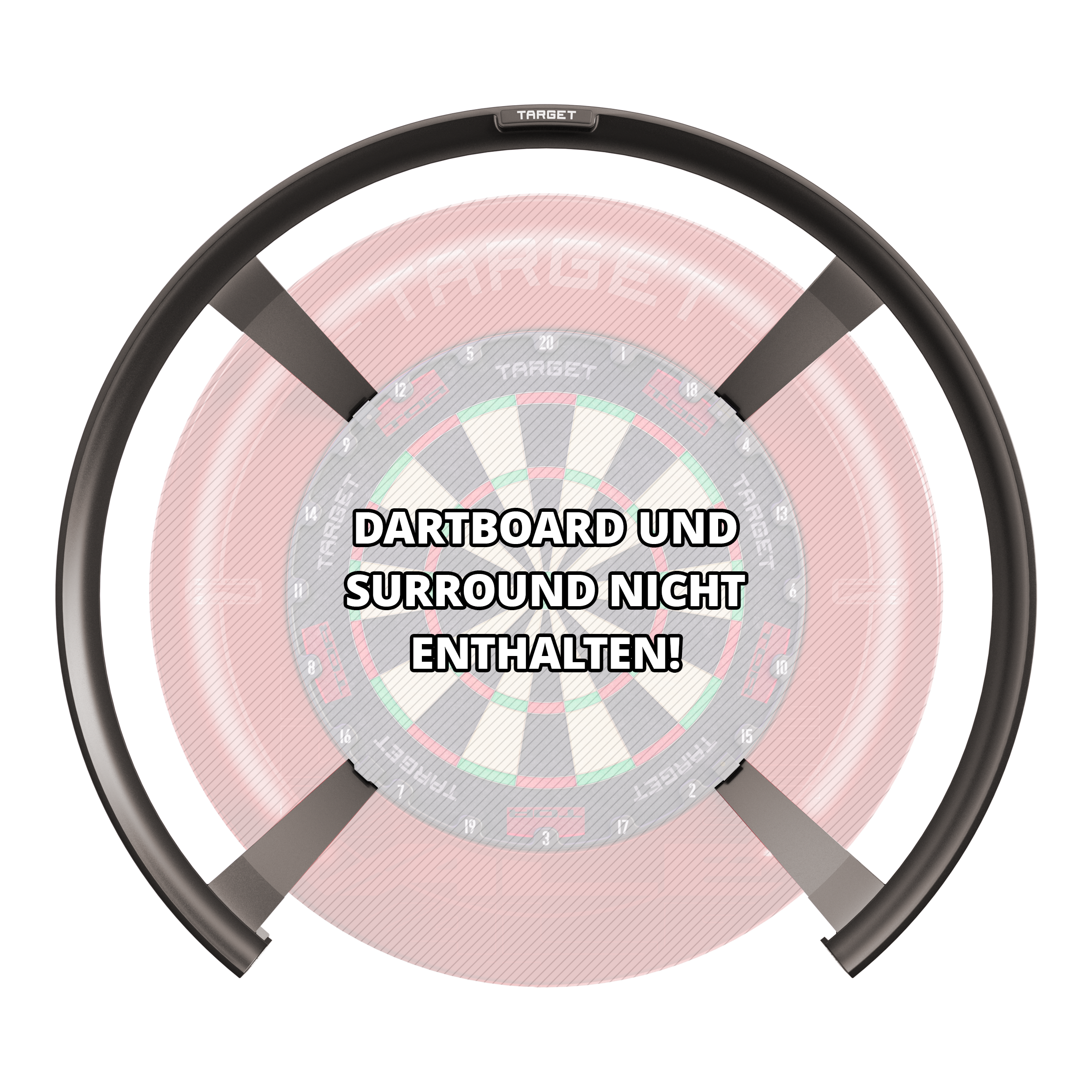 Target OMNI auto-scoring systeem Das Bild zeigt das Produkt "Target OMNI Auto-Scoring-System" vor einem Dartboard. In der Mitte steht der Hinweis: "DARTBOARD UND SURROUND NICHT ENTHALTEN!"