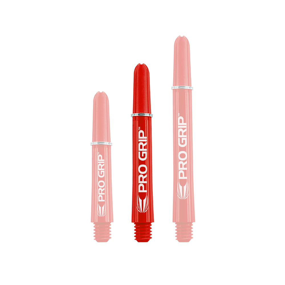 Target Pro Grip Shafts - 3 sets - Rood Das Bild zeigt drei rote "Pro Grip" Shafts für Dartpfeile in unterschiedlichen Längen. Alle drei Shafts haben die weiße Aufschrift "PRO GRIP" und ein Logo.