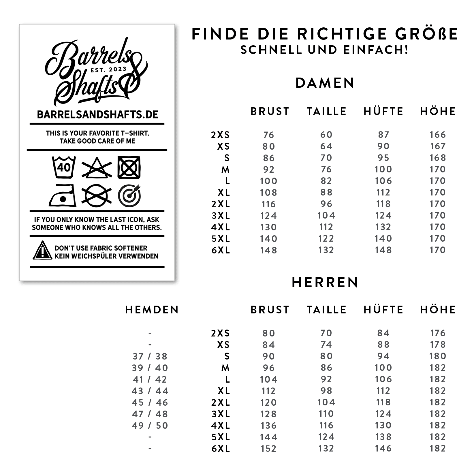 Vaten en schachten poloshirt - zwart Das Bild zeigt eine Größentabelle für das Produkt „Barrels and Shafts Poloshirt – Schwarz“ für Damen und Herren. Links sind Pflegehinweise für das T-Shirt abgebildet.