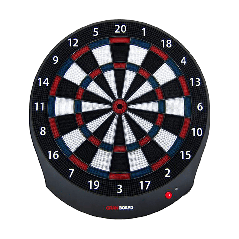 G00040_GranBoard_Dash_Blue_Elektronisches_Dartboard_1 Das Bild zeigt das GranBoard Dash Elektronisches Dartboard. Es ist eine runde Dartscheibe mit farbigen Feldern und Zahlen von 1 bis 20.