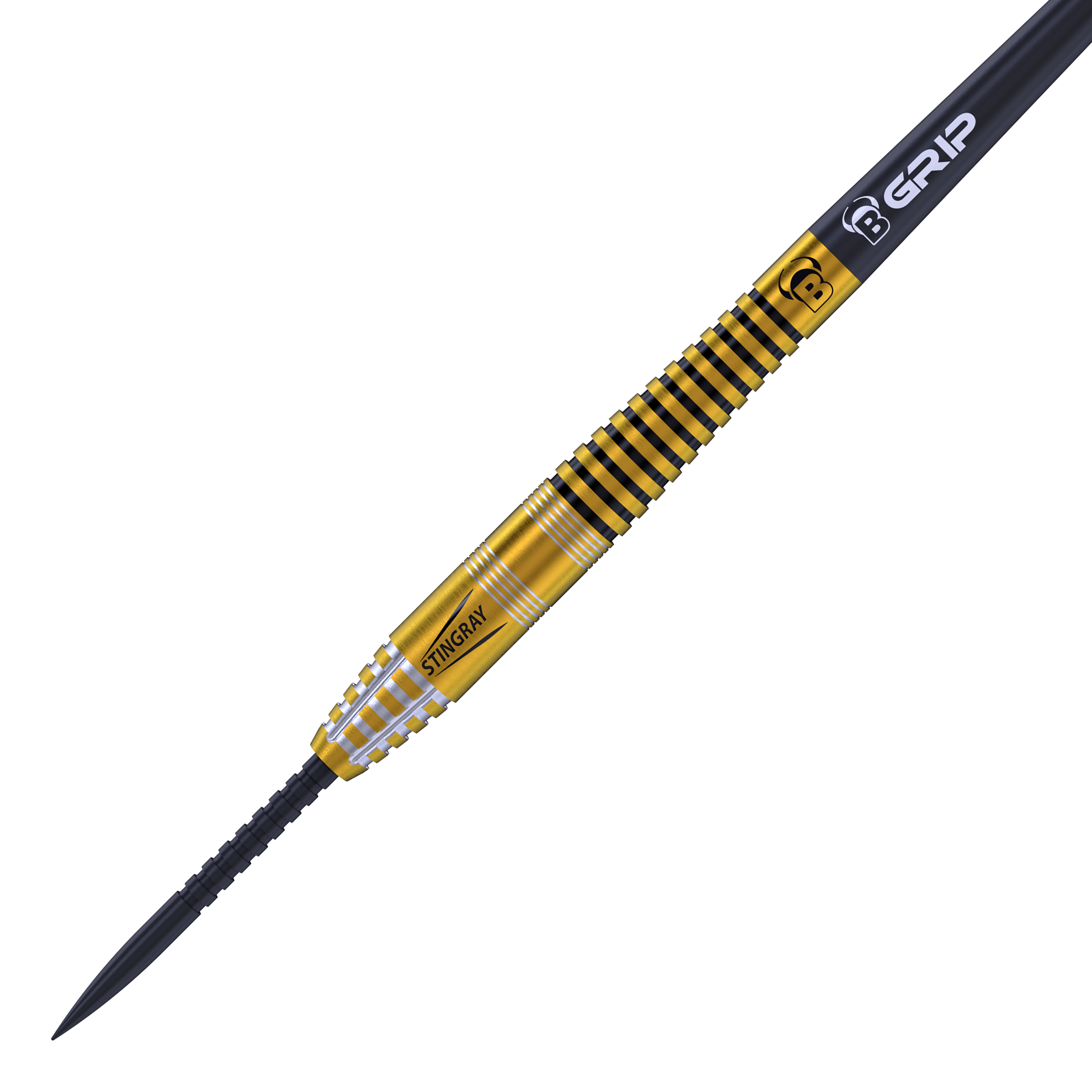 Bulls Stingray ST3 Steeldarts Das Bild zeigt einen Bulls Stingray ST3 Steeldart. Der Dart ist goldfarben mit schwarzen und silbernen Rillen und hat die Aufschrift „STINGRAY“.