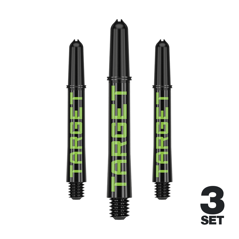 Target Pro Grip TAG Shafts - 3 Sets - Zwart Groen Das Bild zeigt drei schwarze Dart-Schäfte mit grünem Schriftzug "TARGET". Unten rechts steht "3 SET", was auf ein Set von drei Stück hinweist.