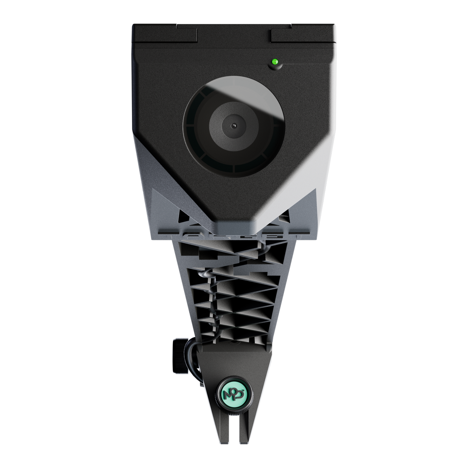 Target VIRT-camera Das Bild zeigt die Target VIRT Kamera aus der Vorderansicht. Die Kamera hat ein modernes, technisches Design mit einem großen Objektiv in der Mitte.