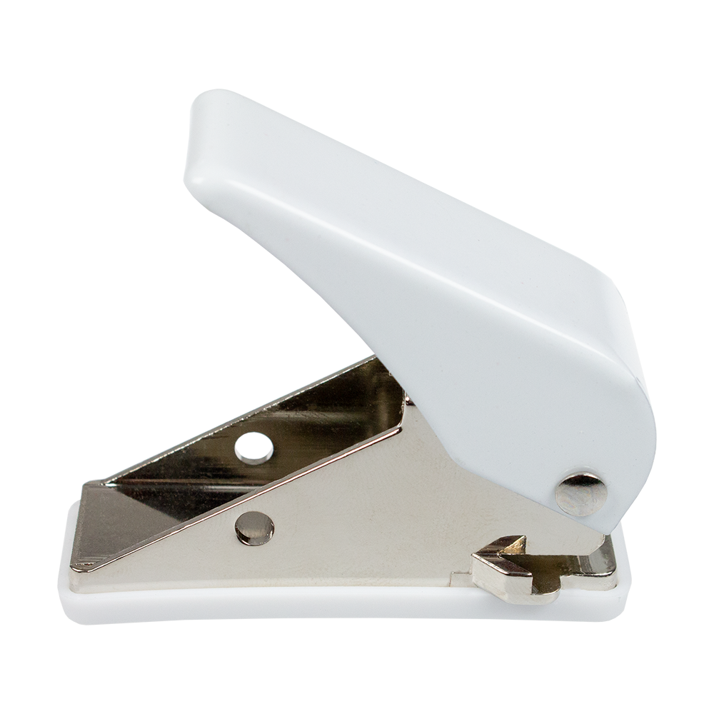 630-Flight-Locher-630-2 Das Bild zeigt den Flight Locher 630, einen kompakten weißen Locher. Er besteht aus Metall und Kunststoff und eignet sich zum Stanzen von Papier.