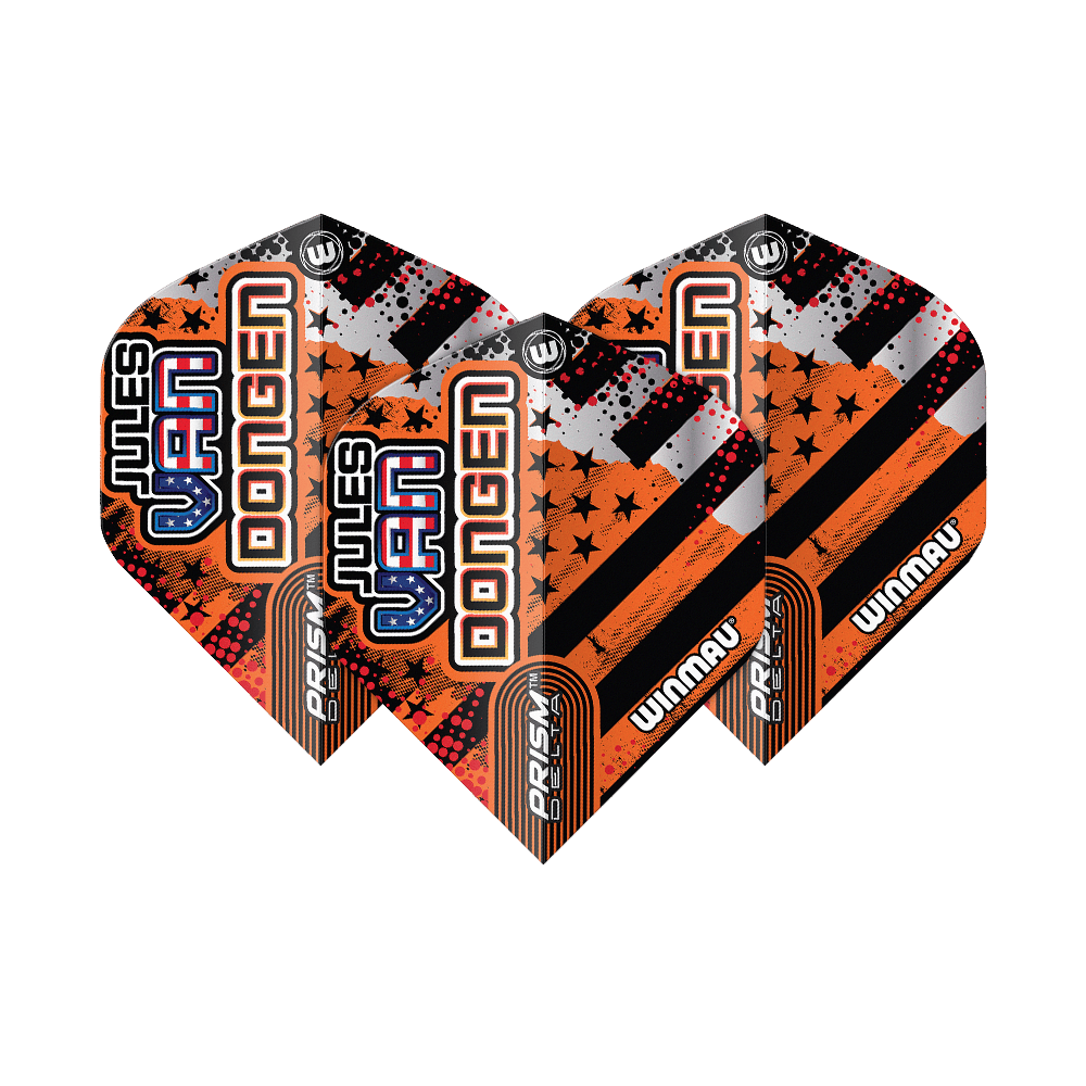 Winmau Prism Delta Jules Van Dongen Standaardvluchten Das Bild zeigt drei Dartflights des Modells "Winmau Prism Delta Jules Van Dongen Standard Flights". Die Flights sind in Schwarz, Orange und Silber gestaltet und tragen den Namen "Jules Van Dongen".