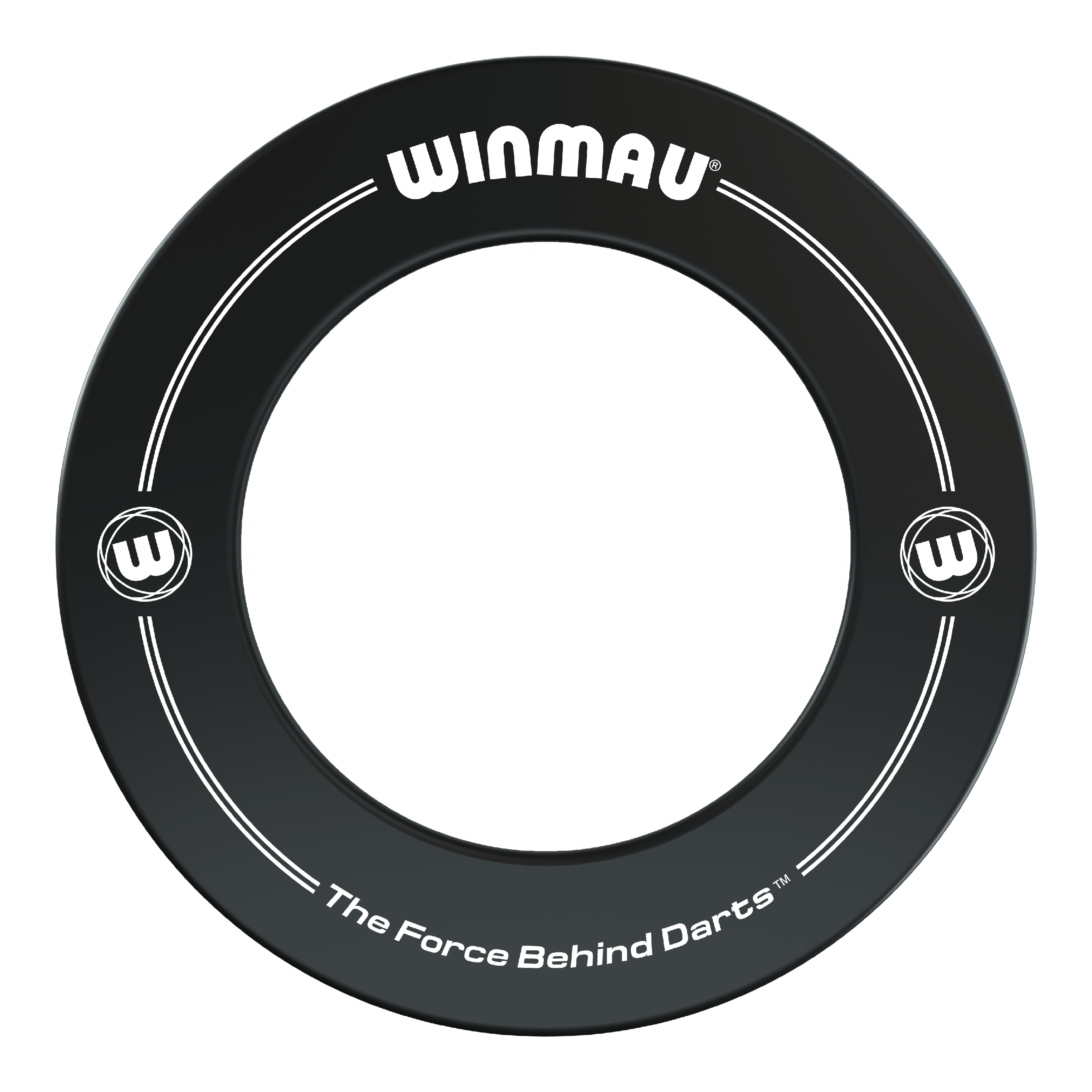 Winmau Dartboard Surround Auf dem Bild ist ein schwarzer Dartboard-Surround der Marke Winmau zu sehen. Auf dem Surround steht der Slogan „The Force Behind Darts“.