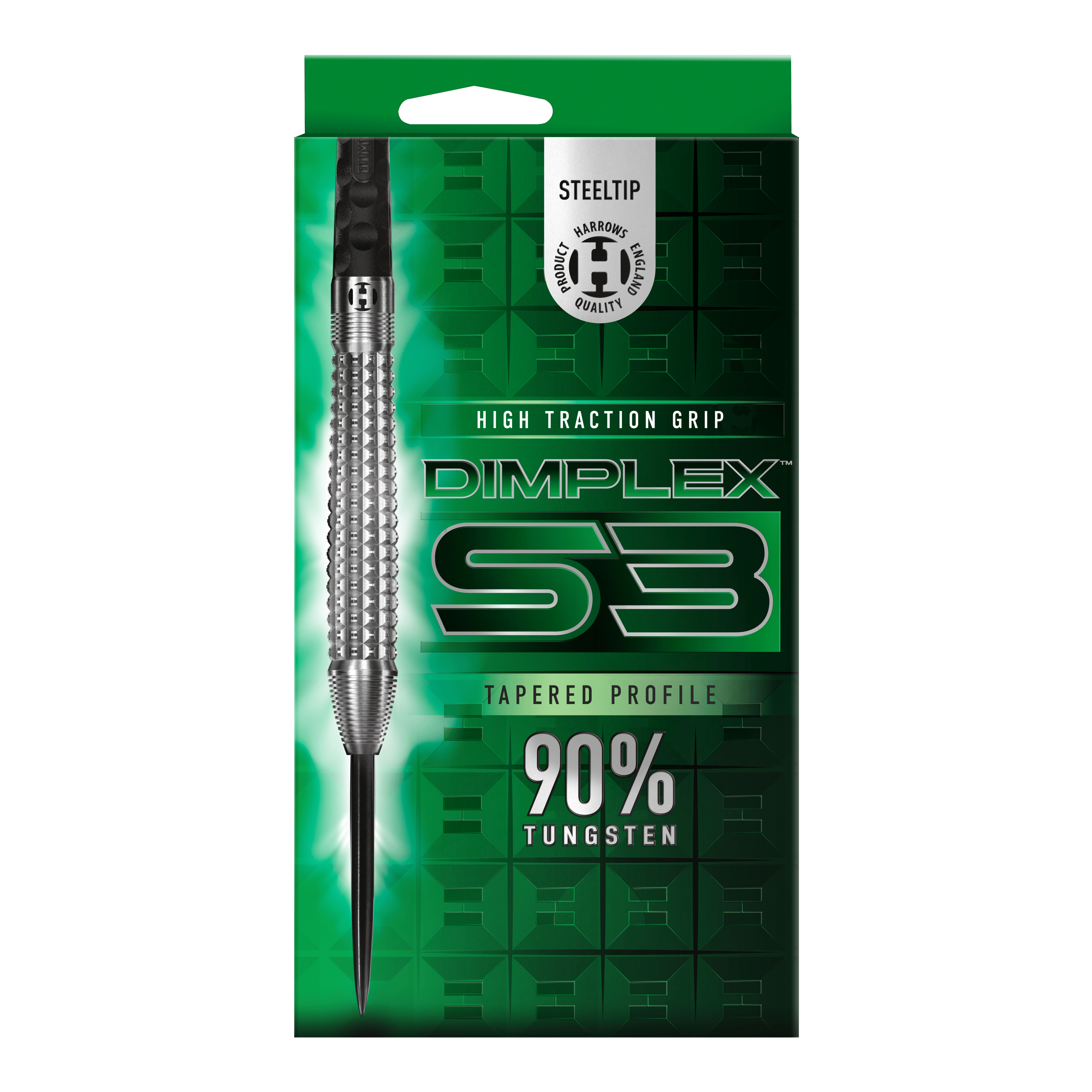 Harrows Dimplex S3 taps toelopende stalen darts Das Bild zeigt die Verpackung der "Harrows Dimplex S3 Tapered Steeldarts". Die Verpackung ist grün und hebt den hohen Wolframanteil von 90% sowie den hohen Grip hervor.