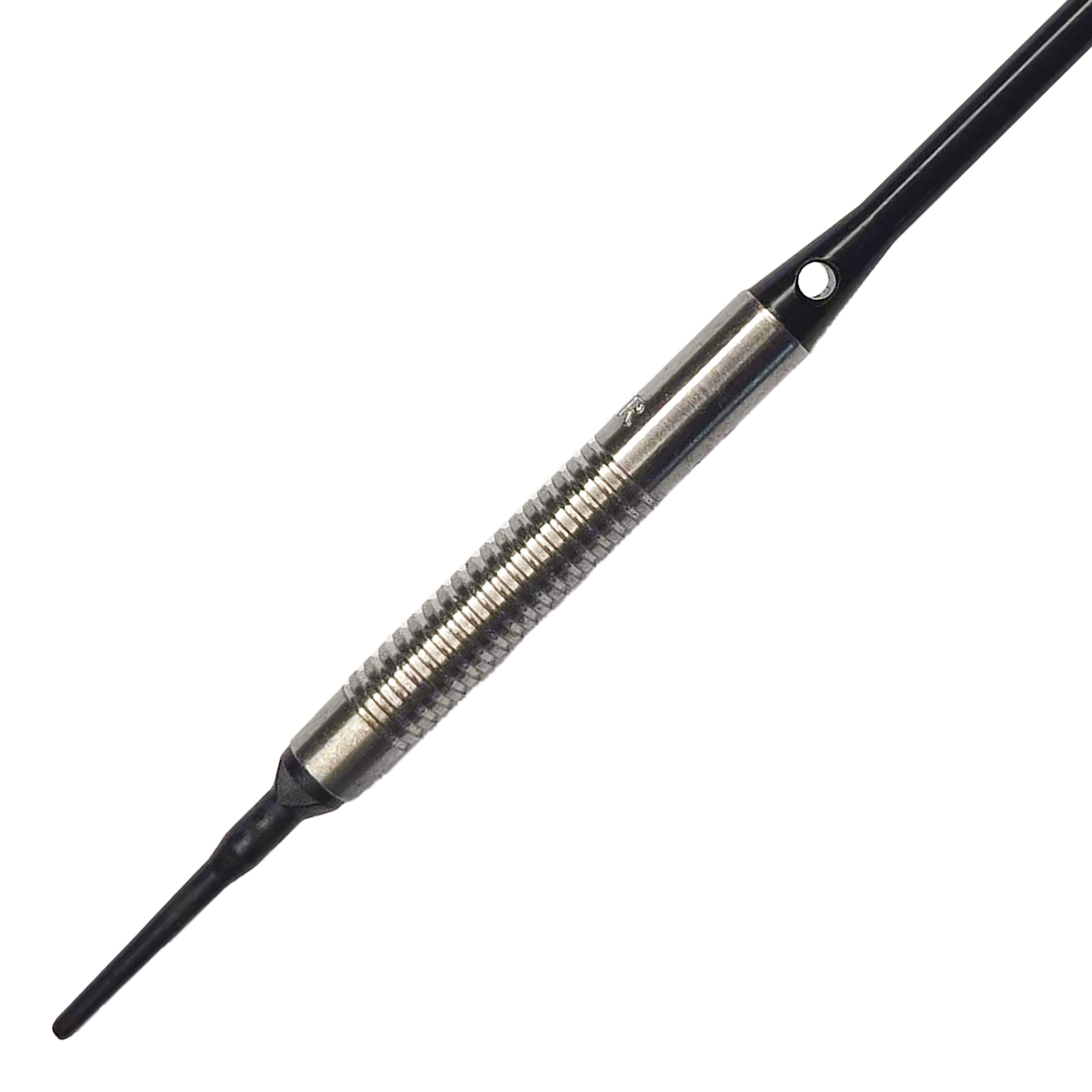 McDart 85 Tungsten V8 Soft Darts - 18,5 g Das Bild zeigt einen McDart 85er Tungsten V8 Softdart mit einem Gewicht von 18,5 Gramm. Der Dart besteht aus silberfarbenem Metall mit einer geriffelten Griffzone und einer schwarzen Spitze.