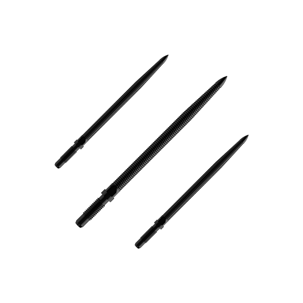 Bulls NL Convertible Point Dart Tips - Micro Grip - Zwart Abgebildet ist ein Set von Dartspitzen mit MicroGrip und schwarzer Farbe. Der Dateiname lautet BU57704_BullsNL_Convertible_Points_MicroGrip_Schwarz_32mm_1Set.