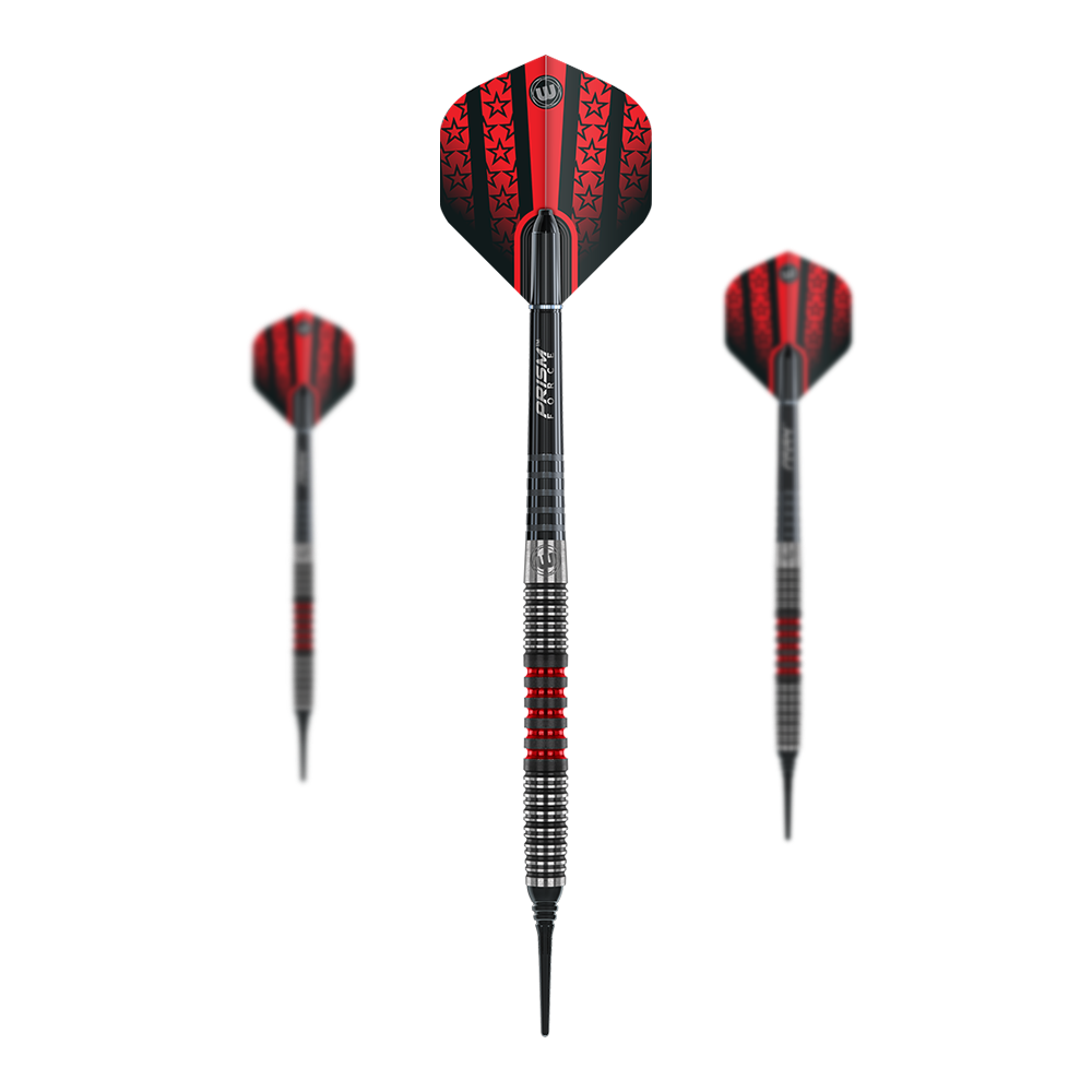 Winmau Joe Cullen Softdarts Das Bild zeigt drei Winmau Joe Cullen Softdarts mit roten und schwarzen Flights. Die Darts haben einen silbernen Schaft mit roten Akzenten und eine schwarze Spitze.