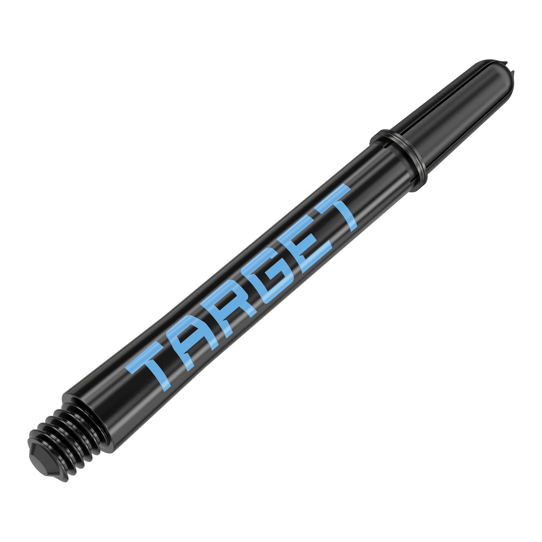 Target Pro Grip TAG Shafts - 3 sets - Zwartblauw Das Bild zeigt einen schwarzen Dart-Schaft mit blauer Schrift, auf dem "TARGET" steht. Der Schaft hat ein Gewinde am Ende zur Befestigung am Dartpfeil.