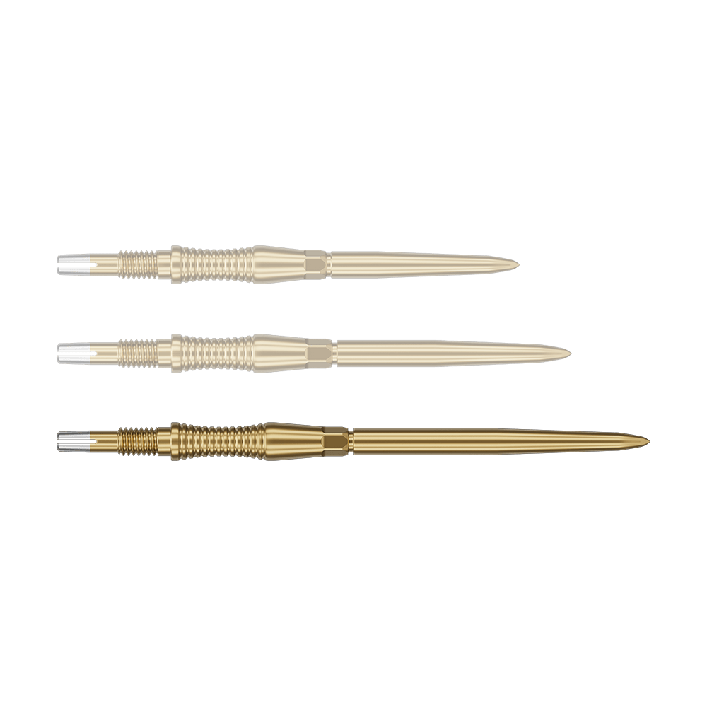Target Swiss Point Dartpunten Signature RST - Goud Das Bild zeigt eine Target Swiss Point Dartspitze Signature RST in Gold, 42mm. Diese Dartspitze ist länglich und für professionelle Anwendungen konzipiert.