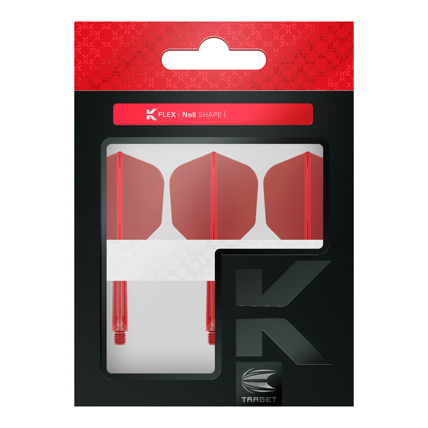 Target K-Flex No6 Vluchtsysteem - Rood Das Bild zeigt eine Verpackung mit drei roten Dartflights und Schäften. Die Marke "Target" und die Produktbezeichnung "K-Flex No6 Shape" sind auf der Verpackung sichtbar.