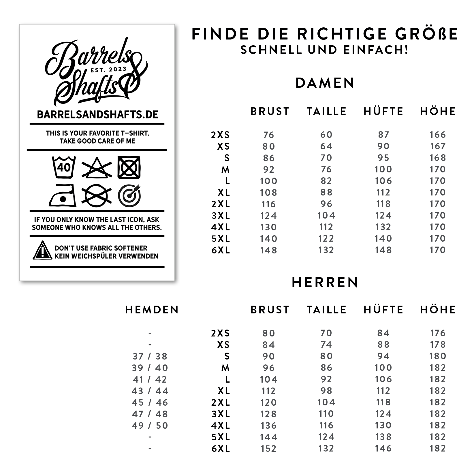 Barrels and Shafts dames-T-shirt - zwart Das Bild zeigt eine Größentabelle für Damen- und Herren-T-Shirts der Marke "Barrels and Shafts". Links sind Pflegehinweise für das T-Shirt abgebildet, rechts finden sich die Maße für die verschiedenen Größen.
