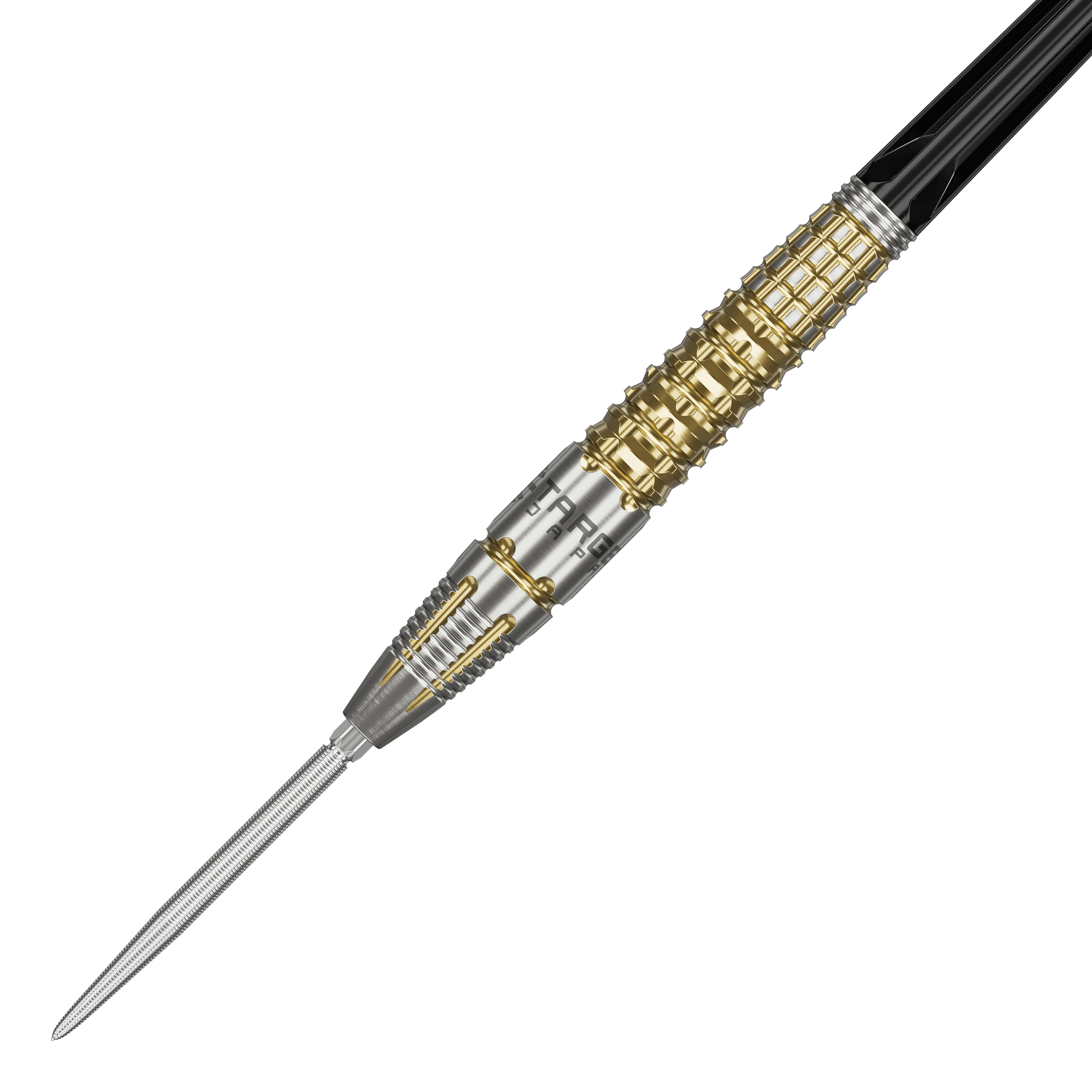 Das Bild zeigt einen Target Black Marque Warrior Swiss Point Steeldart. Der Dart ist silber und goldfarben mit auffälligen Rillen und einem spitzen Metallende.