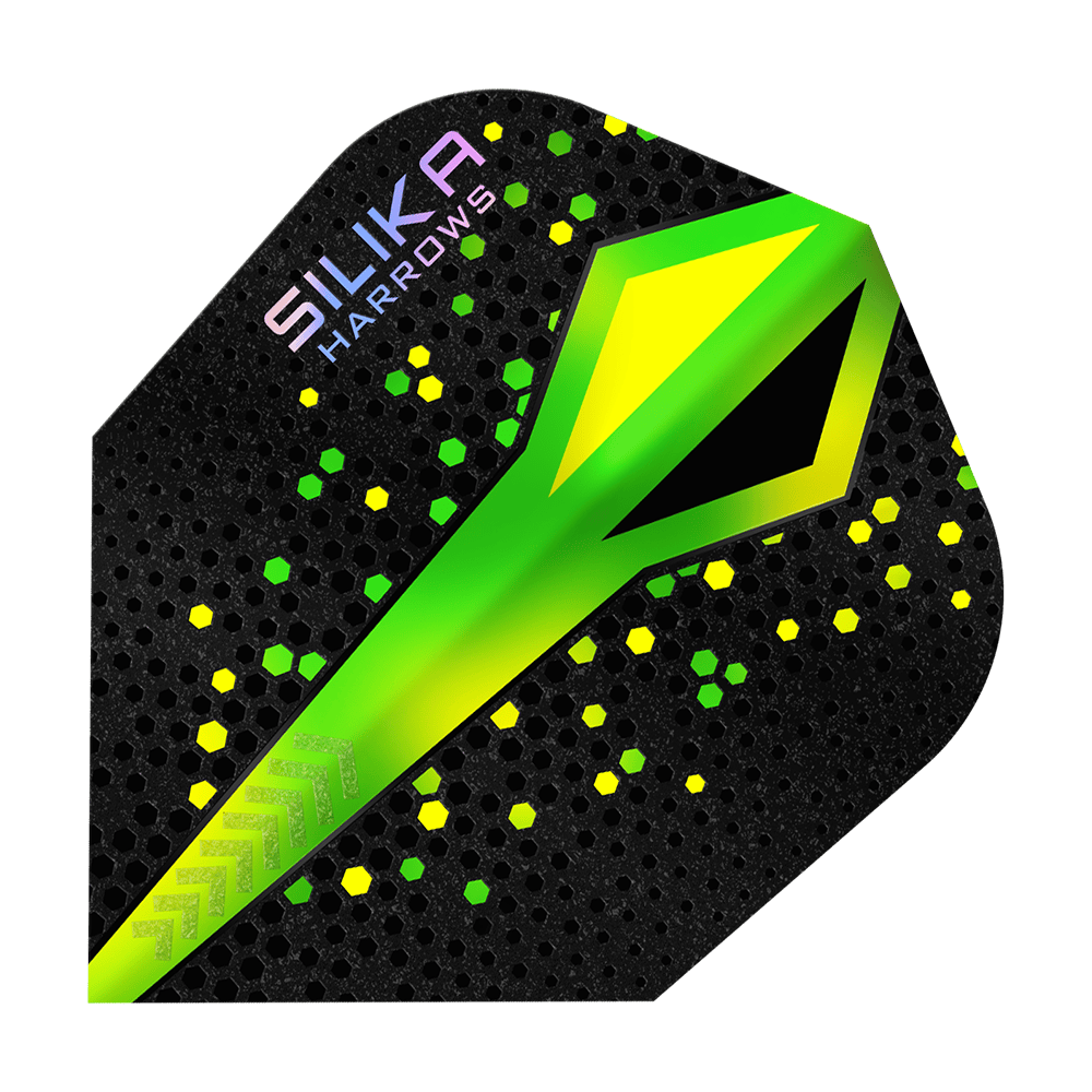 Harrows Silika Colourshift Tough Crystalline Coating Groen No6 Vluchten Das Bild zeigt ein Dart-Flügel von Harrows mit dem Namen "Silika Colourshift Tough Crystalline Coating Green No6". Das Design ist schwarz mit grünen und gelben Akzenten sowie einem auffälligen grünen Muster in der Mitte.