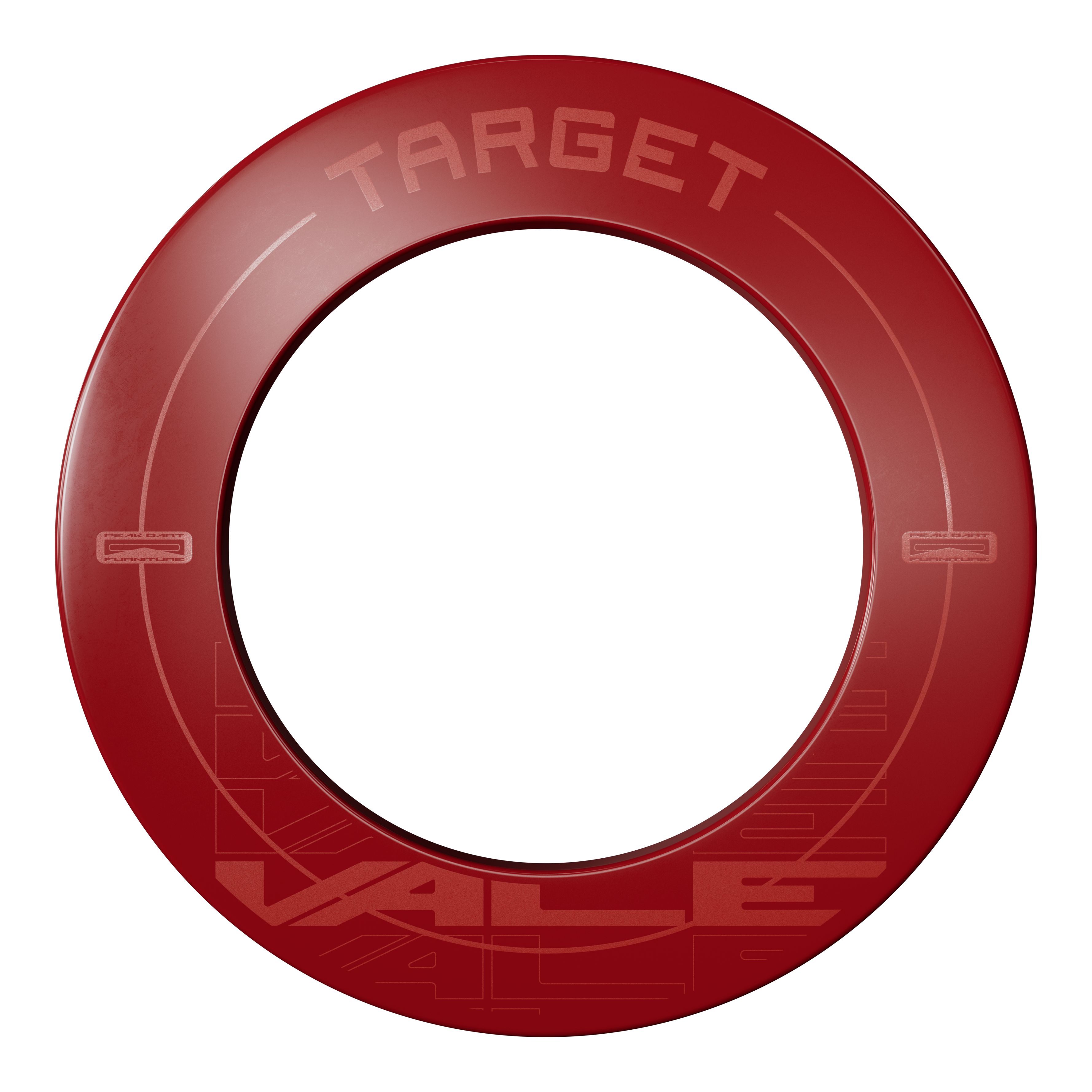Target VALE Dartbord Surround Das Bild zeigt einen roten Dartboard-Surround mit der Aufschrift "TARGET VALE". Der Surround ist rund und schützt die Wand rund um die Dartscheibe.