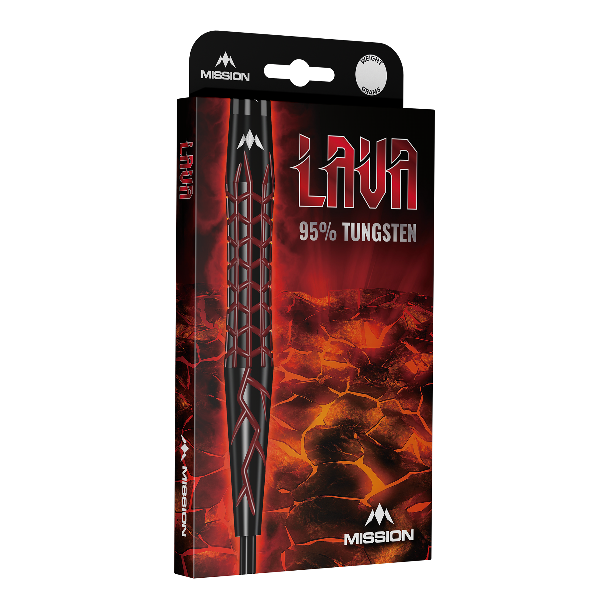 Missie Lava Steeldarts Die Abbildung zeigt die Verpackung der Mission Lava Steeldarts. Auf der Schachtel steht "Lava 95% Tungsten" vor einem feurigen Lava-Hintergrund.