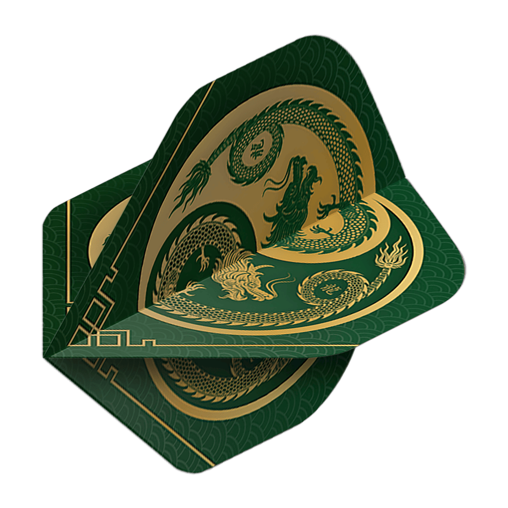 Pentathlon Vluchten Draakgroen Das Bild zeigt die Pentathlon Dragon 3 Standard Flights. Sie sind grün mit einem goldenen Drachenmotiv verziert.