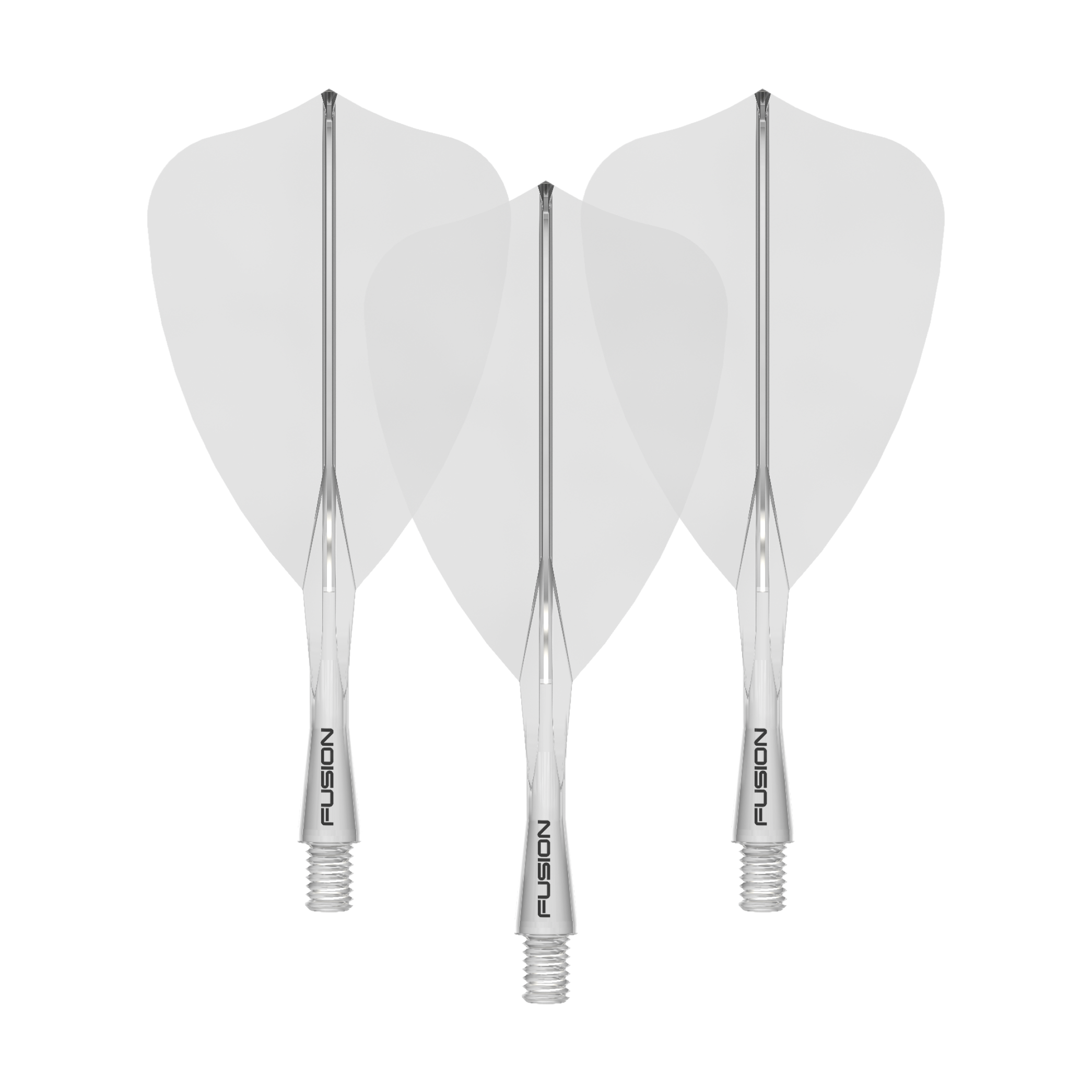 Das Bild zeigt ein Winmau Fusion Flight Shaft System Arrow, klar und 22mm lang. Es handelt sich um ein Set von Schäften für Dartpfeile.