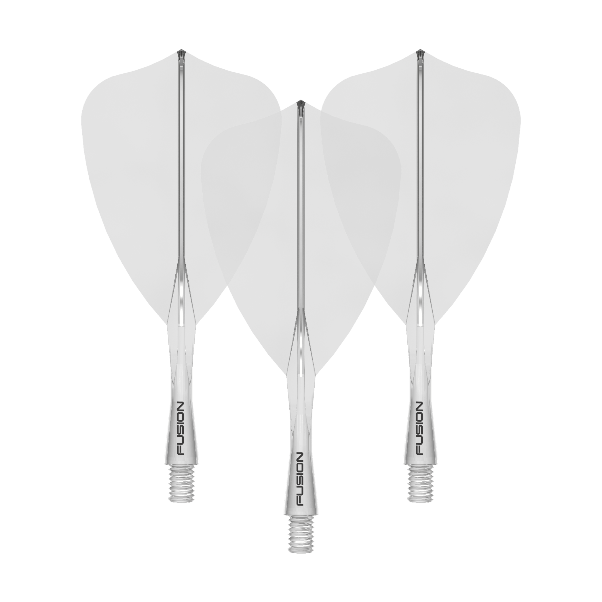 Winmau Fusion Flight Shaft System pijl transparant Das Bild zeigt ein Winmau Fusion Flight Shaft System Arrow, klar und 22mm lang. Es handelt sich um ein Set von Schäften für Dartpfeile.