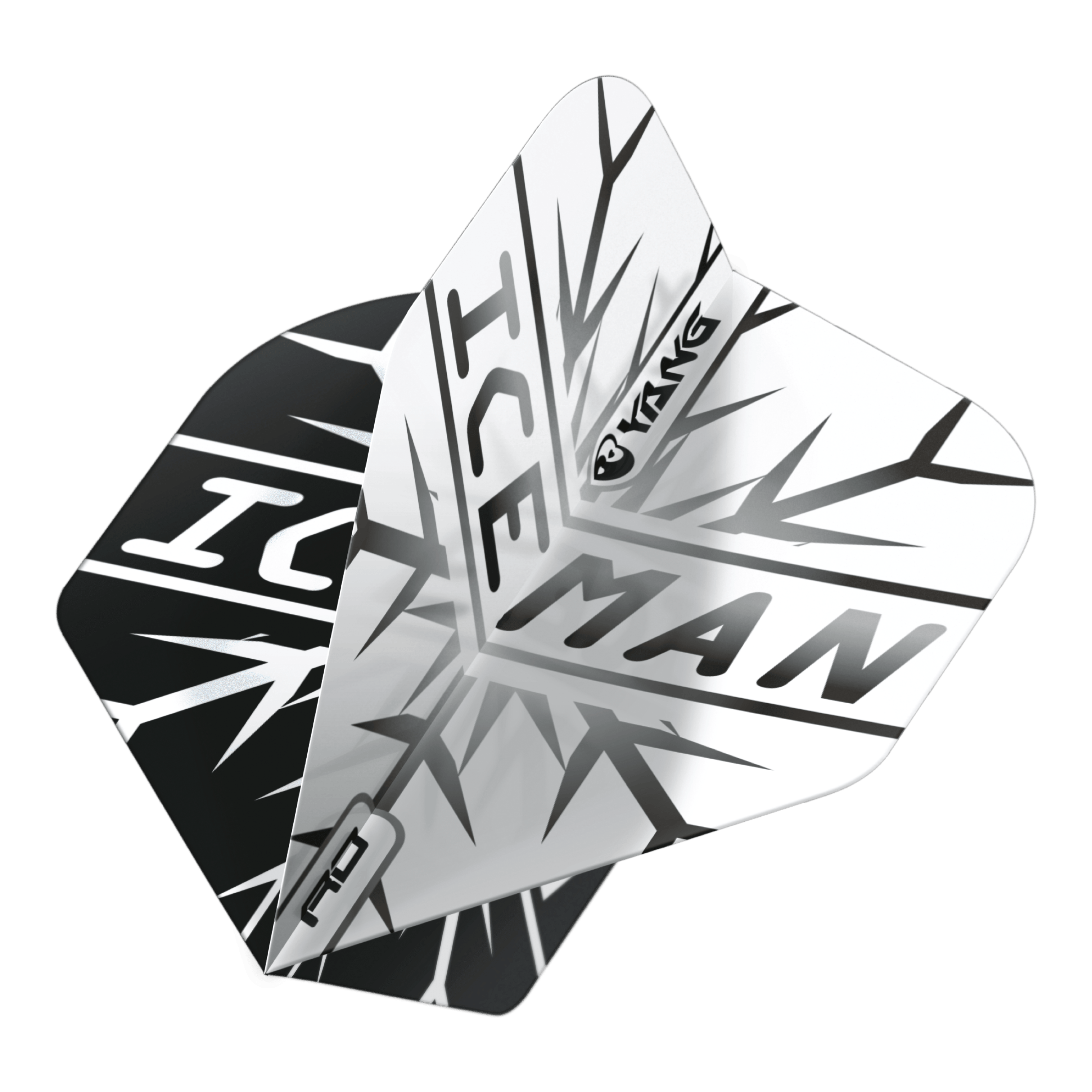 Red Dragon Gerwyn Prijs IJsman Zwart Wit Yin Yang Standaardvluchten Das Bild zeigt zwei Dartflights in Schwarz und Weiß mit dem Schriftzug "ICEMAN" und einem auffälligen Eismuster. Auf den Flights ist zudem das Wort "Yin Yang" zu sehen.