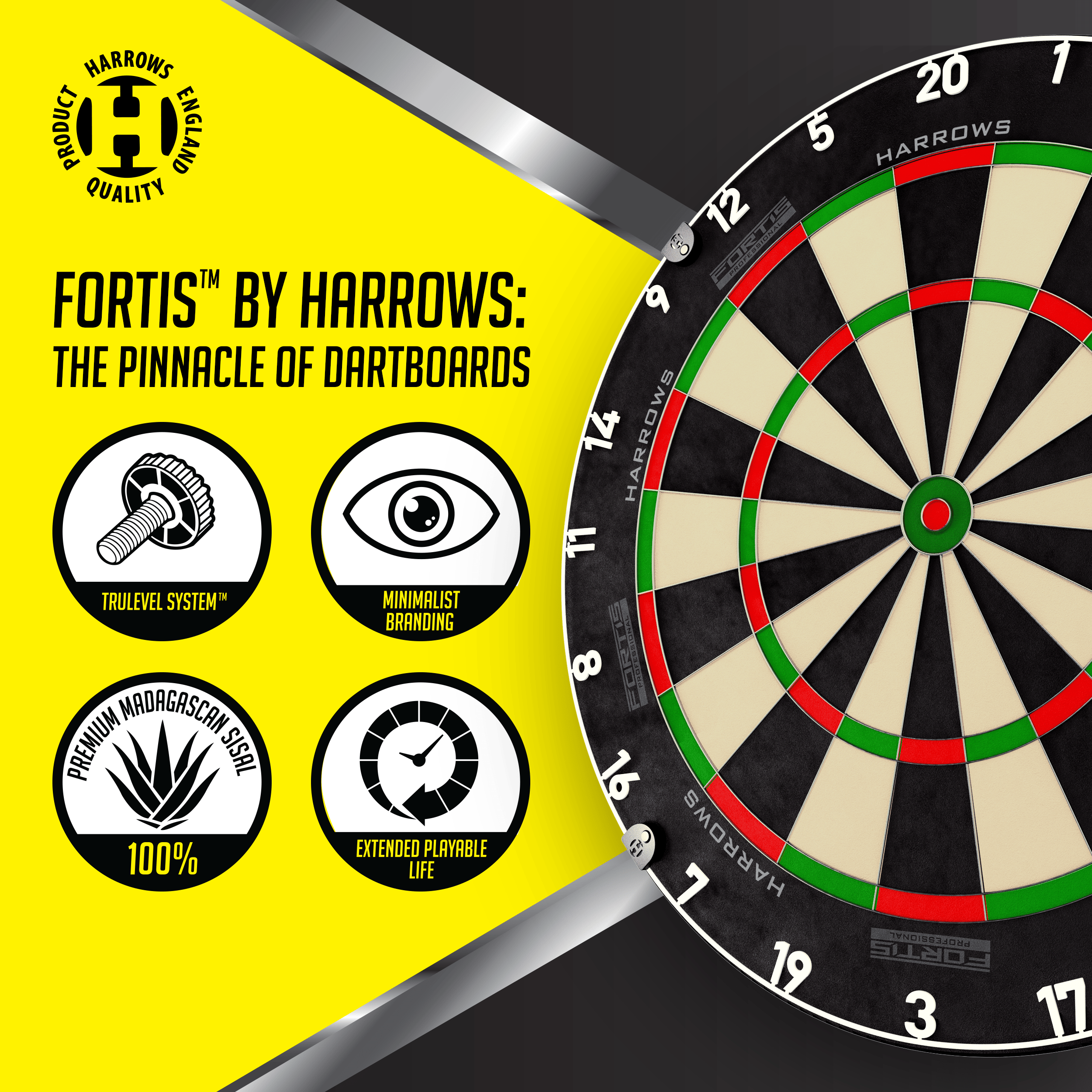 Harrows Fortis stalen dartbord Das Foto zeigt ein Harrows Fortis Steeldartboard. Es ist für professionelle Dartspieler geeignet.
