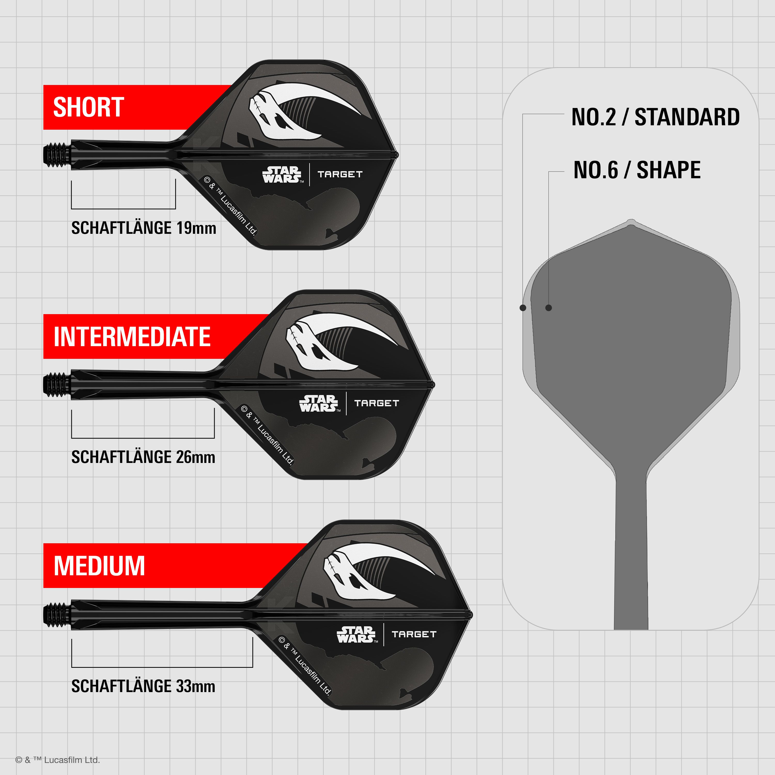 Target Star Wars K-Flex Set Mandalorian nr. 6 Flights Das Bild zeigt das Target Star Wars K-Flex-Set Mandalorian No2 Standard Flights. Es handelt sich um zwei Dart Flights mit Mandalorian-Motiv aus Star Wars.
