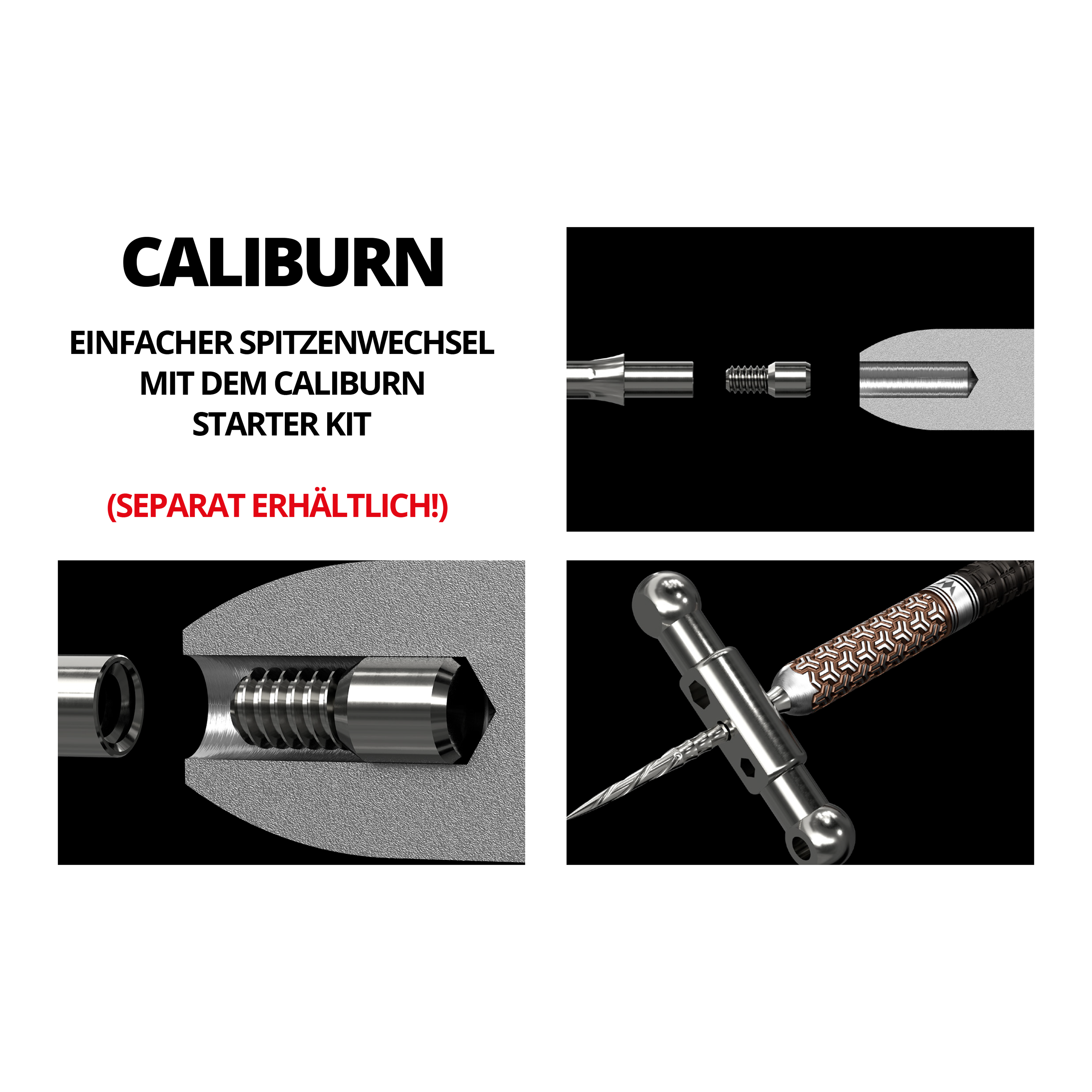 Caliburn System Steeldart Tips - Ripple - NoLip - Zwart Das Bild zeigt verschiedene technische Zeichnungen und Werkzeuge für das Mission Caliburn EVO System mit Steeldartspitzen. In roter Schrift steht "SEPARAT ERHÄLTLICH!" auf dem Bild.