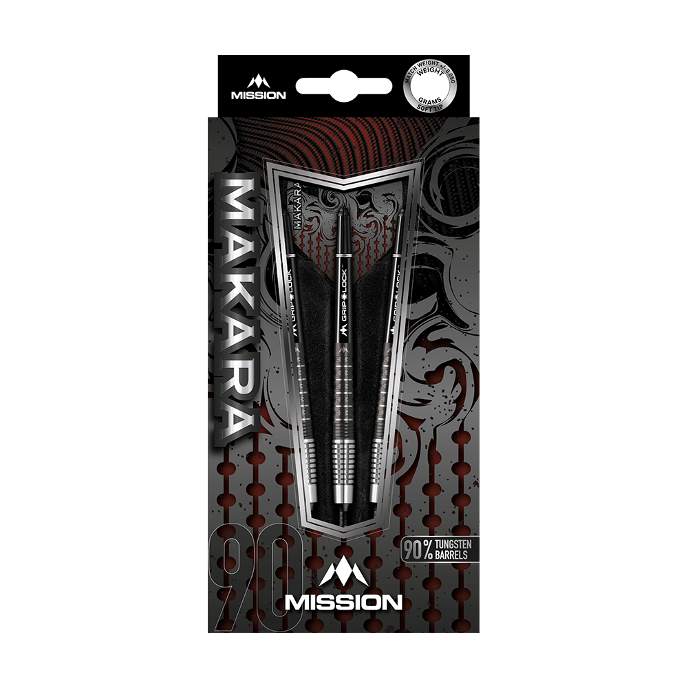Mission Makara M2 zachte darts - 20g Das Bild zeigt die Verpackung der Mission Makara M2 Softdarts mit einem Gewicht von 20g. Die Darts bestehen zu 90 % aus Tungsten und sind ansprechend gestaltet.