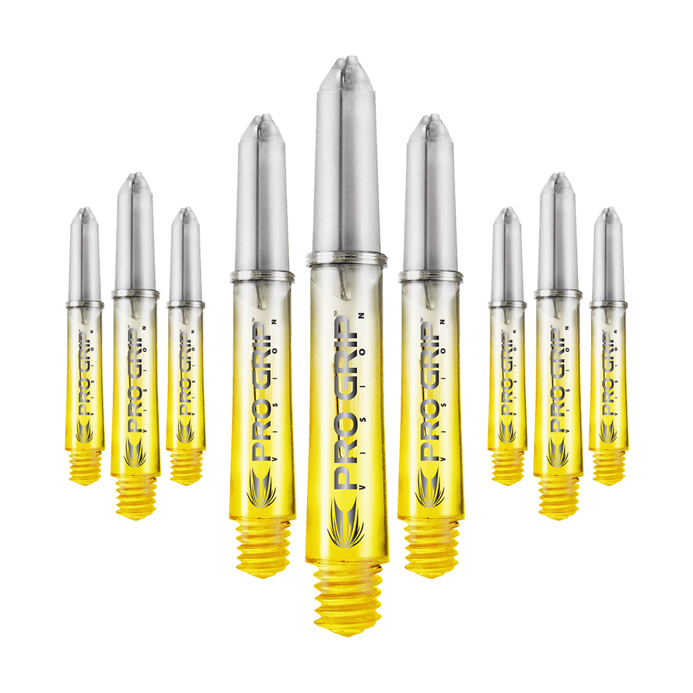 Target Pro Grip Vision Shafts - 3 sets - Geel Das Bild zeigt neun gelbe Dartschäfte mit silberfarbenen Spitzen, auf denen "PRO GRIP VISION" steht. Sie sind in einer leicht gebogenen Reihe angeordnet.
