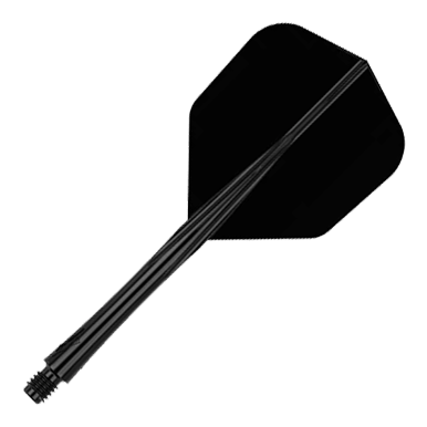 Das Bild zeigt einen schwarzen Dart-Schaft mit Flight. Der Dart-Schaft ist mittellang und komplett in schwarz gehalten.