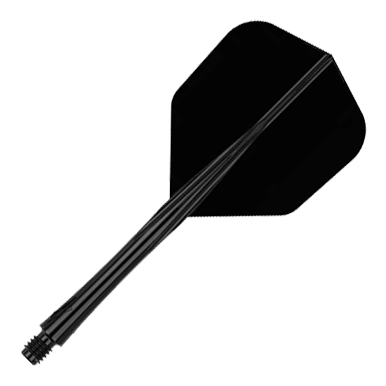 Caliburn SUP Lite No6 vluchtschachtsysteem Das Bild zeigt einen schwarzen Dart-Schaft mit Flight. Der Dart-Schaft ist mittellang und komplett in schwarz gehalten.