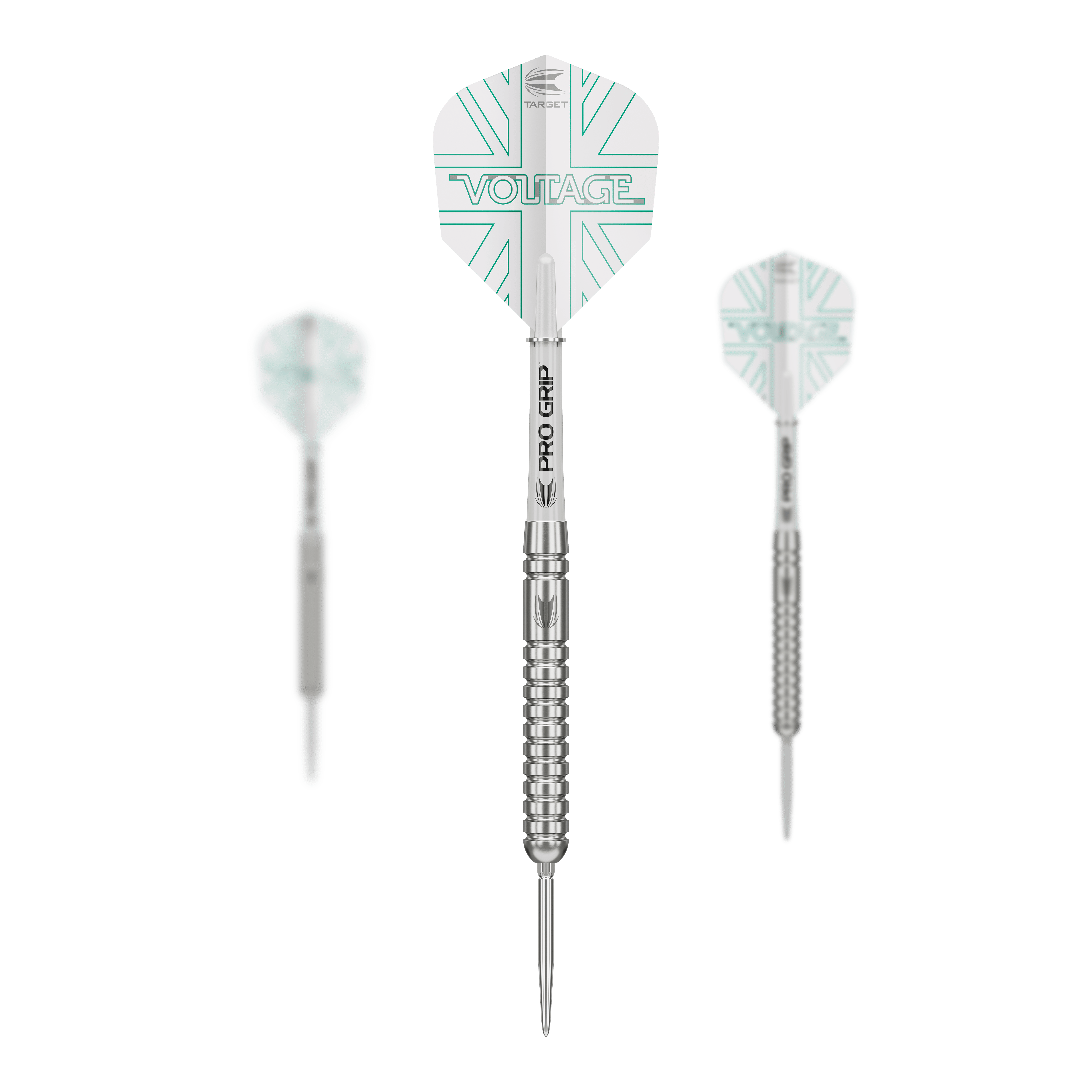 Das Bild zeigt drei Steeldarts der Marke "Target Rob Cross Voltage Swiss Point". Die Darts haben silberne Spitzen und Schäfte sowie weiße Flights mit türkisen Linien und der Aufschrift "VOLTAGE".