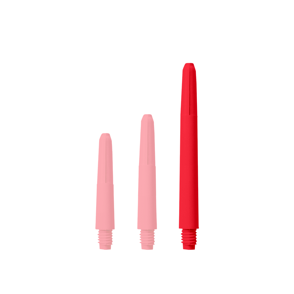 571_Nylon_Shafts_Rot_48mm_1NYXhkud4ojW2V Das Bild zeigt drei rote Nylon Shafts in verschiedenen Längen. Sie sind senkrecht und nebeneinander angeordnet.