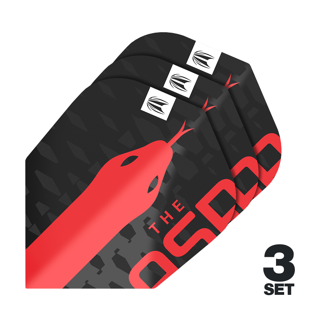 Target Pro Ultra Nathan Aspinall No6 Vluchten - 3 Sets Das Bild zeigt drei Sätze der Target Pro Ultra Nathan Aspinall No6 Flights für Darts. Das Design ist schwarz mit einem auffälligen roten Schlangenmuster und dem Text „THE ASP“.