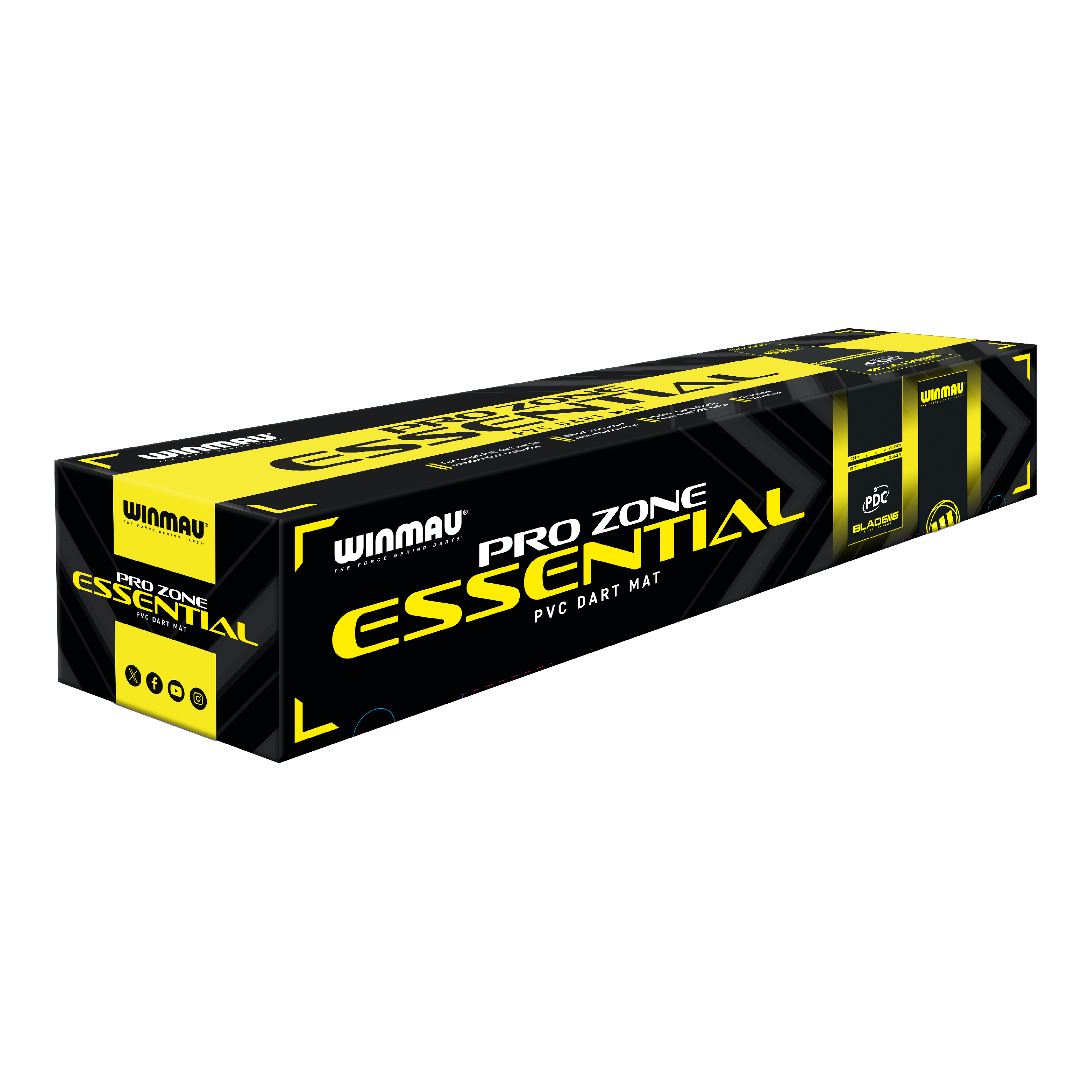 Winmau Pro-Zone Essential PVC dartmat Die Abbildung zeigt die Verpackung der 'Winmau Pro-Zone Essential PVC Dartmatte'. Die Box ist in den Farben Schwarz und Gelb gestaltet und trägt deutlich das Produktlogo.