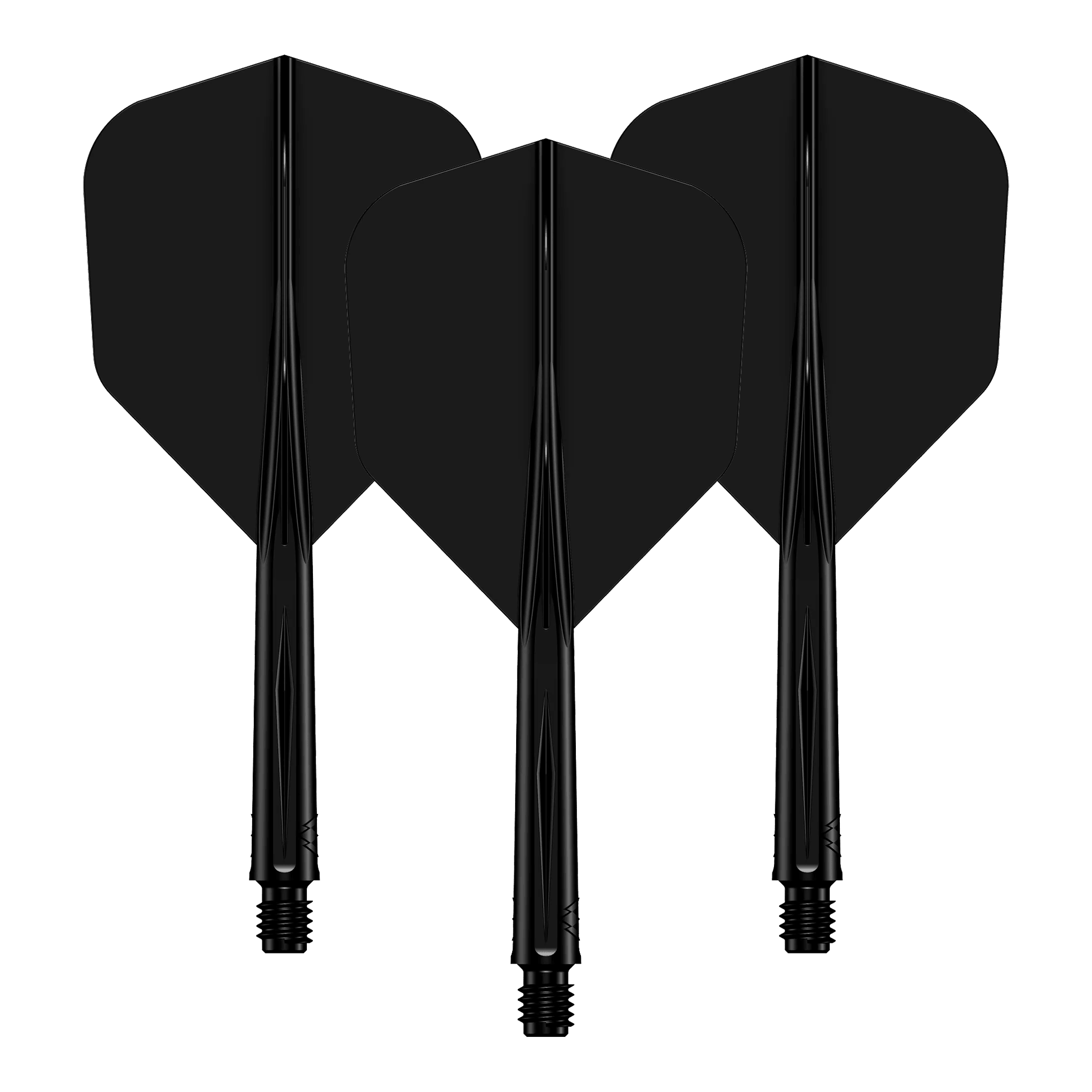 Mission Force 90 No6 Flight Shaft System - Zwart Das Bild zeigt drei schwarze Dart-Flights mit daran befestigten Schäften. Sie sind nebeneinander angeordnet und haben ein schlichtes, einfarbiges Design.