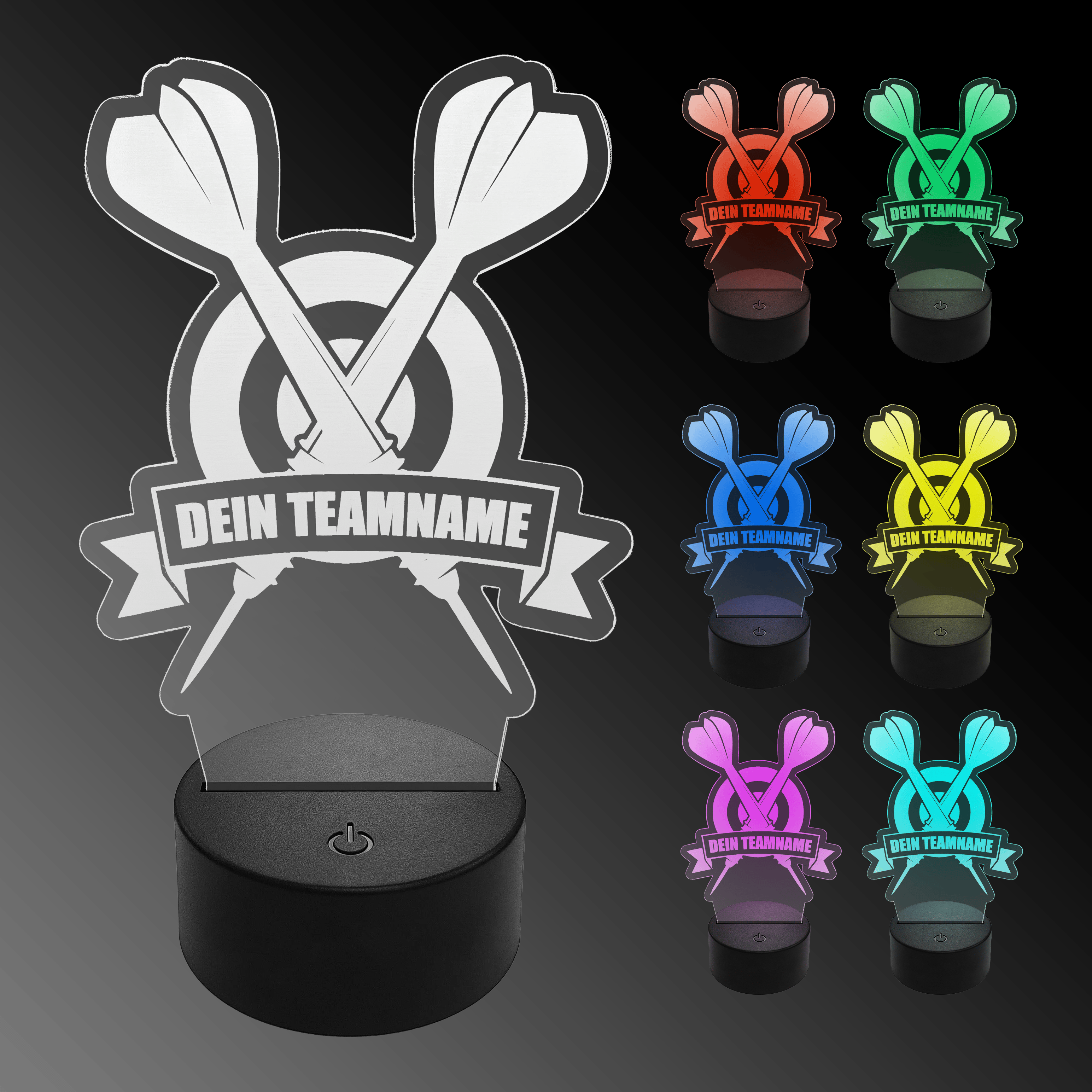 LED plexiglas dartlamp met aangepaste tekst Das Bild zeigt eine LED-Lampe in Form von zwei gekreuzten Dartpfeilen mit der Aufschrift "Dein Teamname". Rechts daneben sind die Lampe in sechs verschiedenen Farben (Rot, Grün, Blau, Gelb, Pink und Türkis) abgebildet.