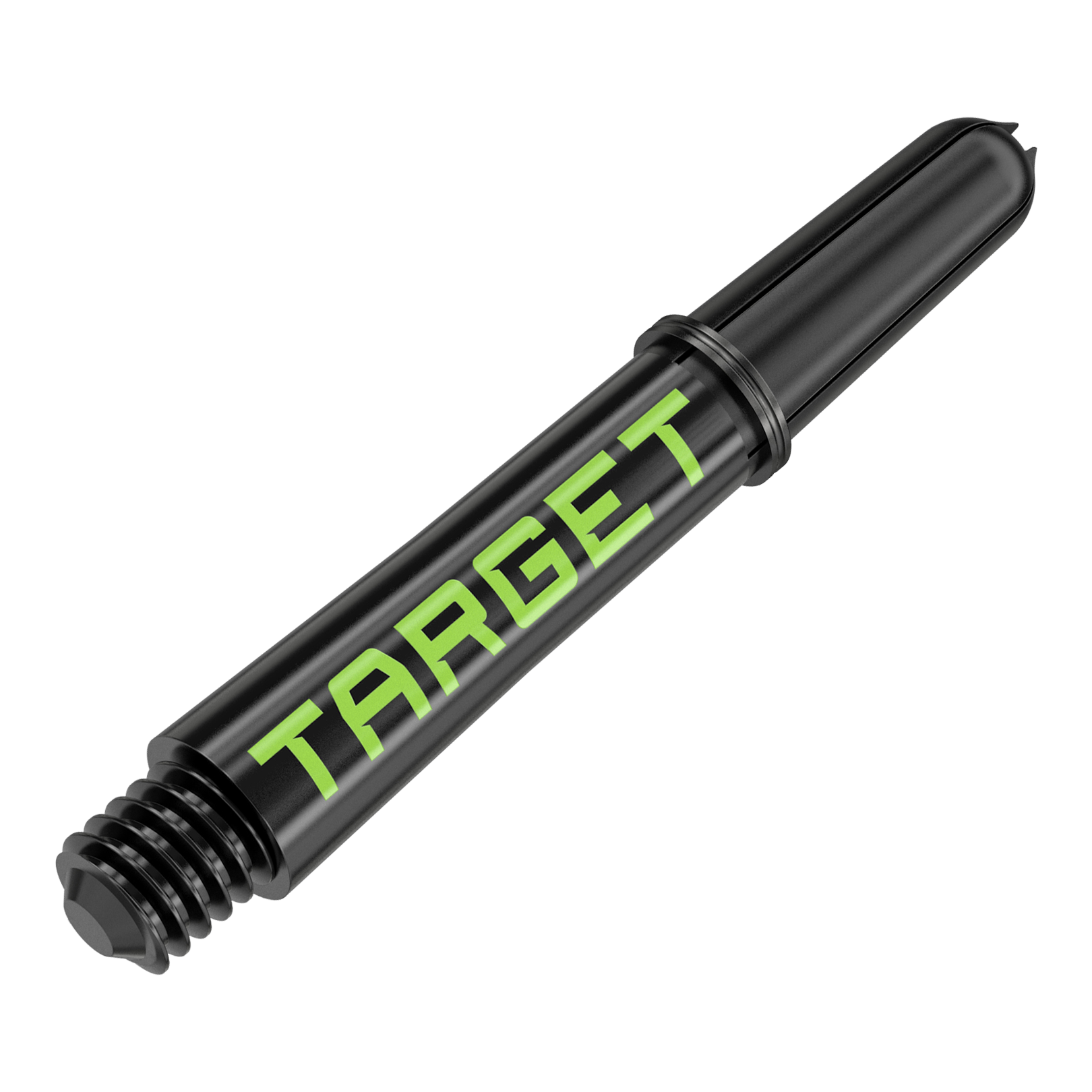 Target Pro Grip TAG Shafts - 3 Sets - Zwart Groen Dies ist ein schwarzer Dartschaft mit grünem "TARGET"-Schriftzug. Er hat ein Schraubgewinde an einem Ende und ist 34 mm lang.