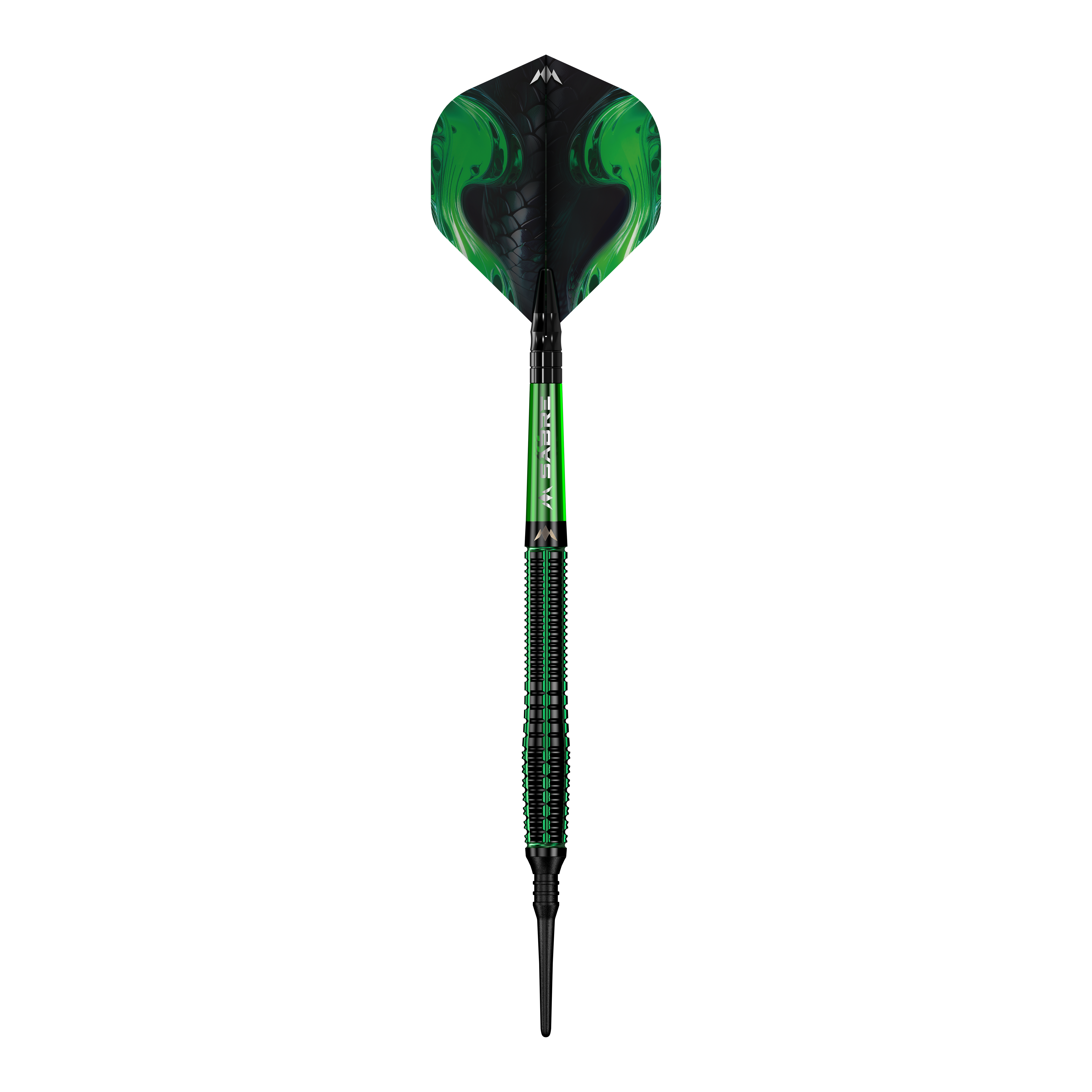 Mission Venom Softdarts - 20g Das Bild zeigt einen Softdart namens "Mission Venom Softdarts - 20g". Der Dart ist überwiegend schwarz und grün gestaltet und hat ein auffälliges, modernes Design.
