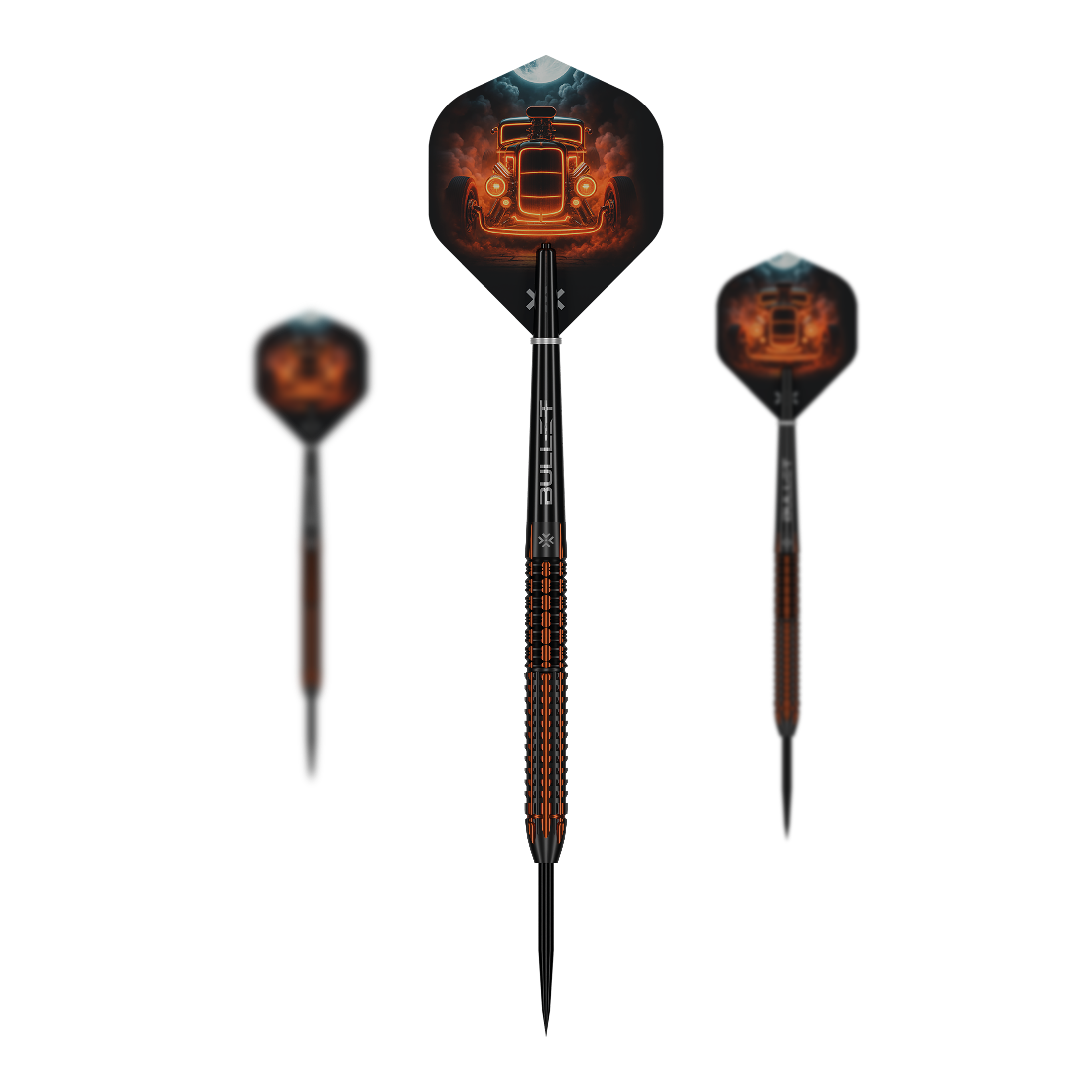 Bullet Hotrod stalen dartpijlen Auf dem Bild sind Bullet Hotrod Steeldarts zu sehen. Die Steeldarts wurden für Präzision und Leistung im Dartspiel entwickelt.
