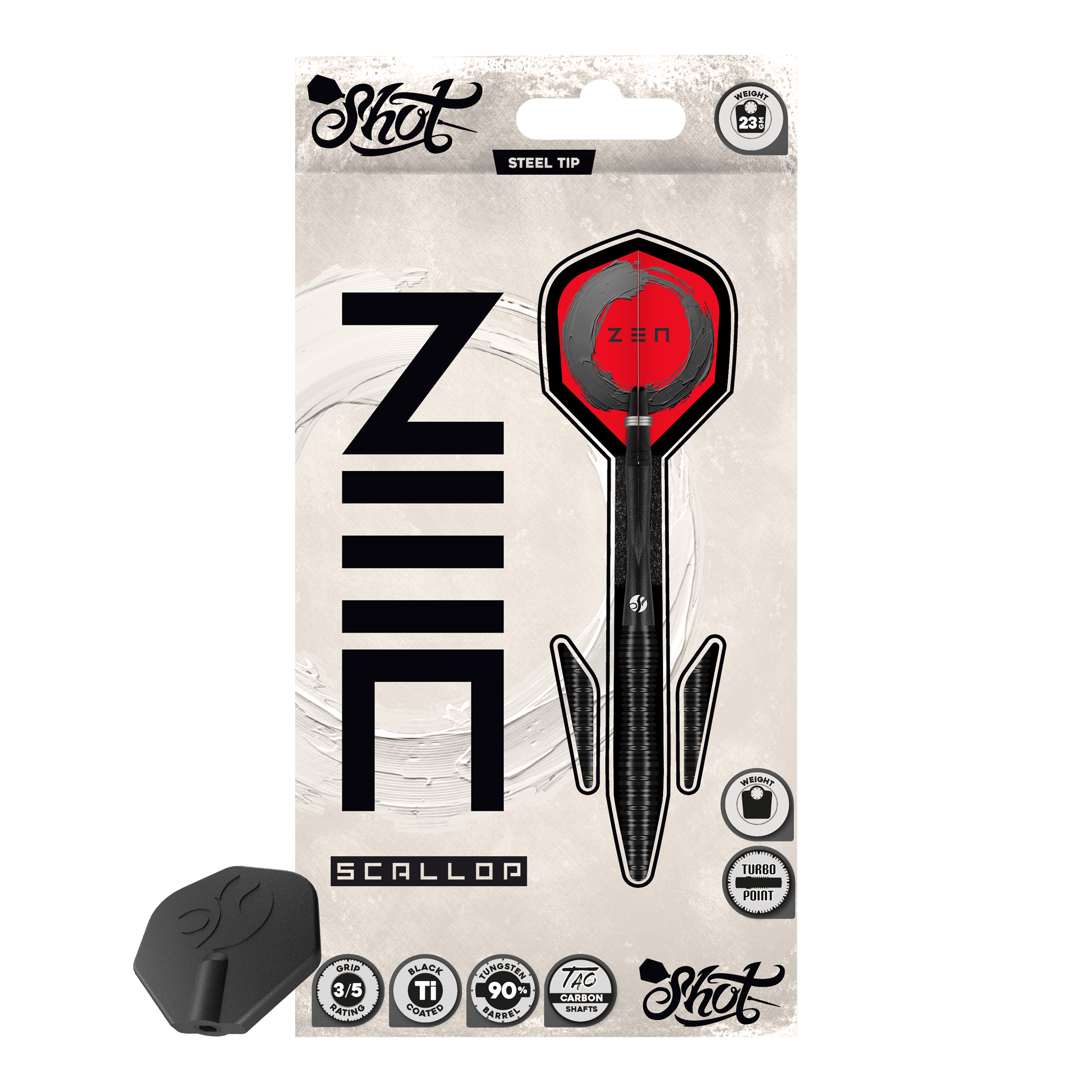 Shot ZEN Scallop Turbo Point stalen dartpijlen - 23 g Dieses Bild zeigt die Shot ZEN Scallop Turbo Point Steeldarts - 23g aus einer weiteren Ansicht. Die Darts zeichnen sich durch hochwertige Verarbeitung aus.