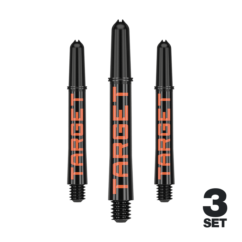 Target Pro Grip TAG Shafts - 3 sets - Zwart Oranje Das Bild zeigt drei schwarze Dartschäfte mit orangener Schrift „TARGET“. In der rechten unteren Ecke steht „3 SET“.